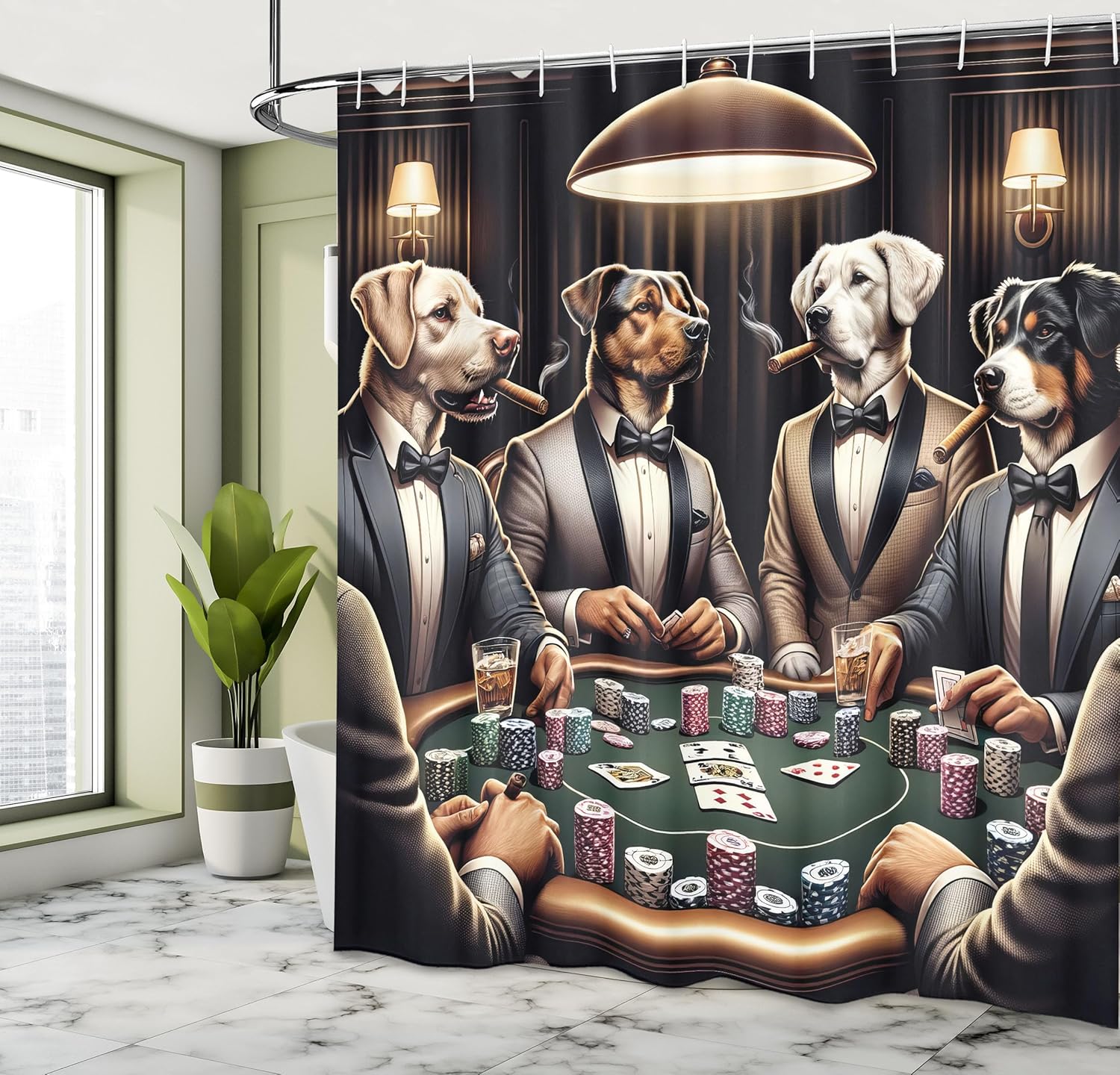 Ambesonne Dog Shower Curtain, Funny Gentleman Animals in Sharp Suits Around The Poker Table Humorous Scene, Cloth Fabric Bathroom Decor Set with Hooks, 69" W x 70" L, Brown Dark Green Grey