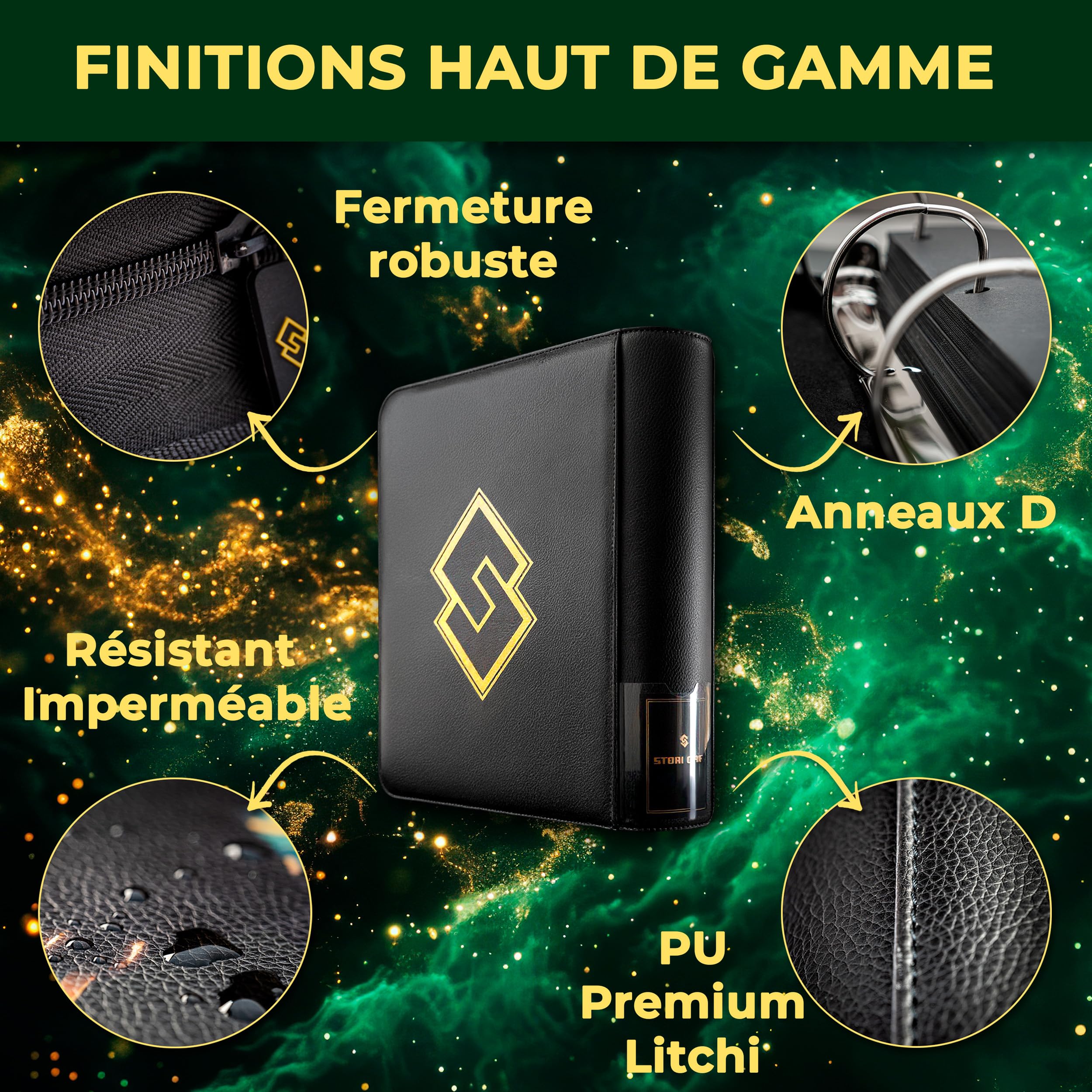 Classeur carte 562 pochettes — Espace toploader intégré — Intercalaires inclus pour tri rapide — Compatible cartes TCG, sleeves, double sleeves — Fermeture zip