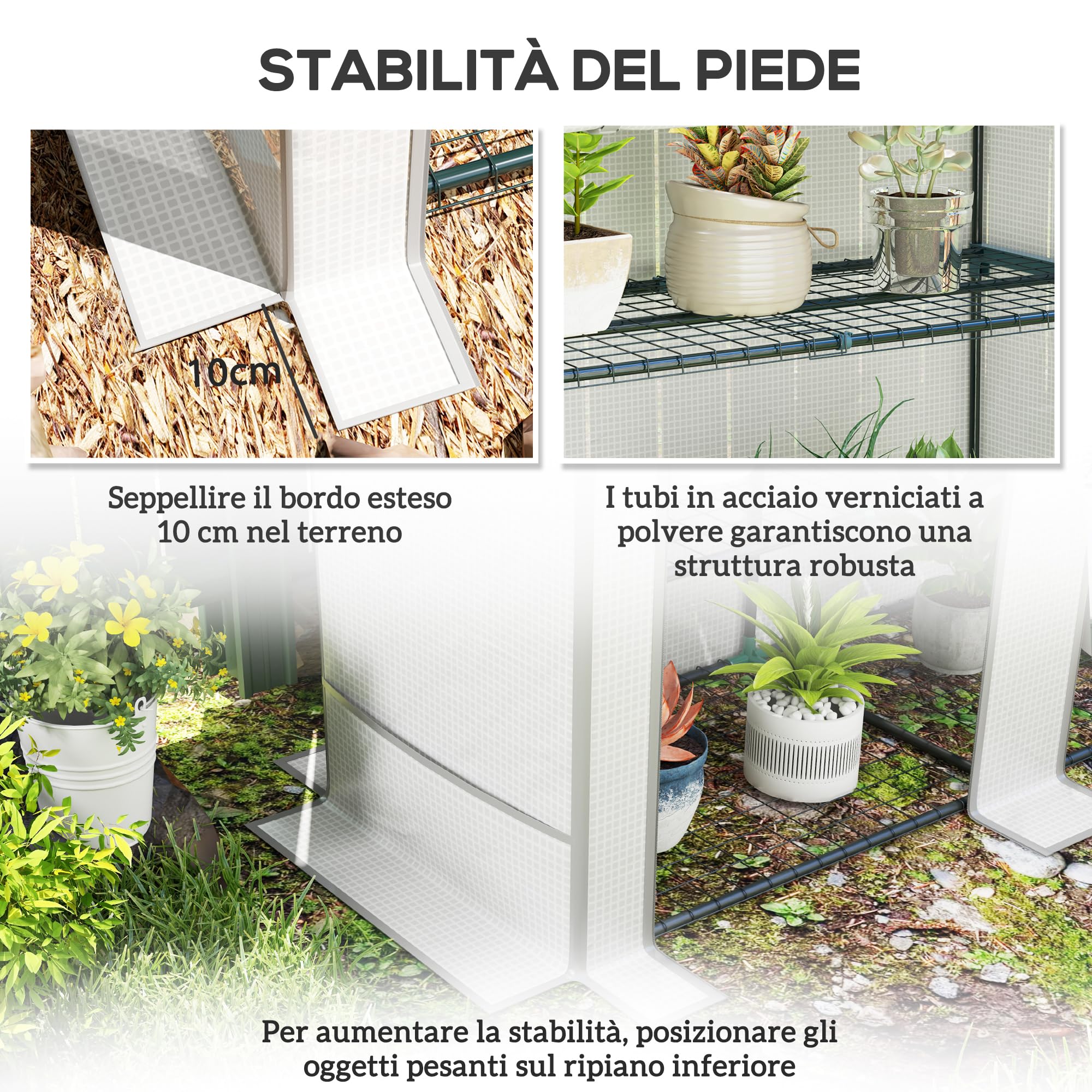 Outsunny Serra da Giardino con 2 Porte Avvolgibili, Scaffale a 3 Ripiani e Tasche Laterali, Serra per Orto, Struttura Acciaio e Copertura PE, per Piante Verdure Fiori Frutta, Anti UV, Bianco e Grigio