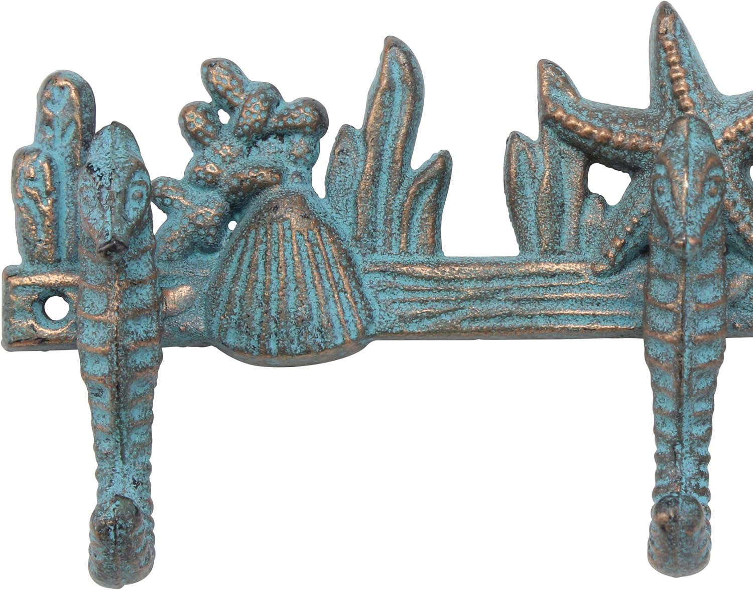Stonebriar Decorative Cast Iron Seahorse Wall Hook Row, 11.2”, Turquoise
