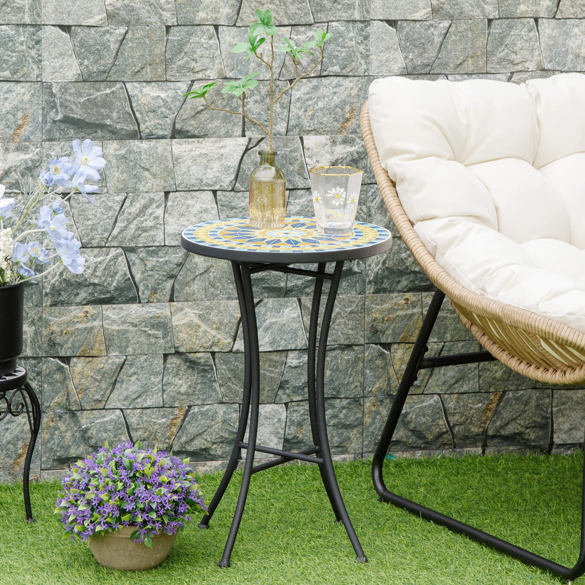 Outsunny Tavolino da Giardino in Metallo con Piano d'Appoggio a Mosaico in Ceramica, Ф35.5x53.5cm, Multicolore