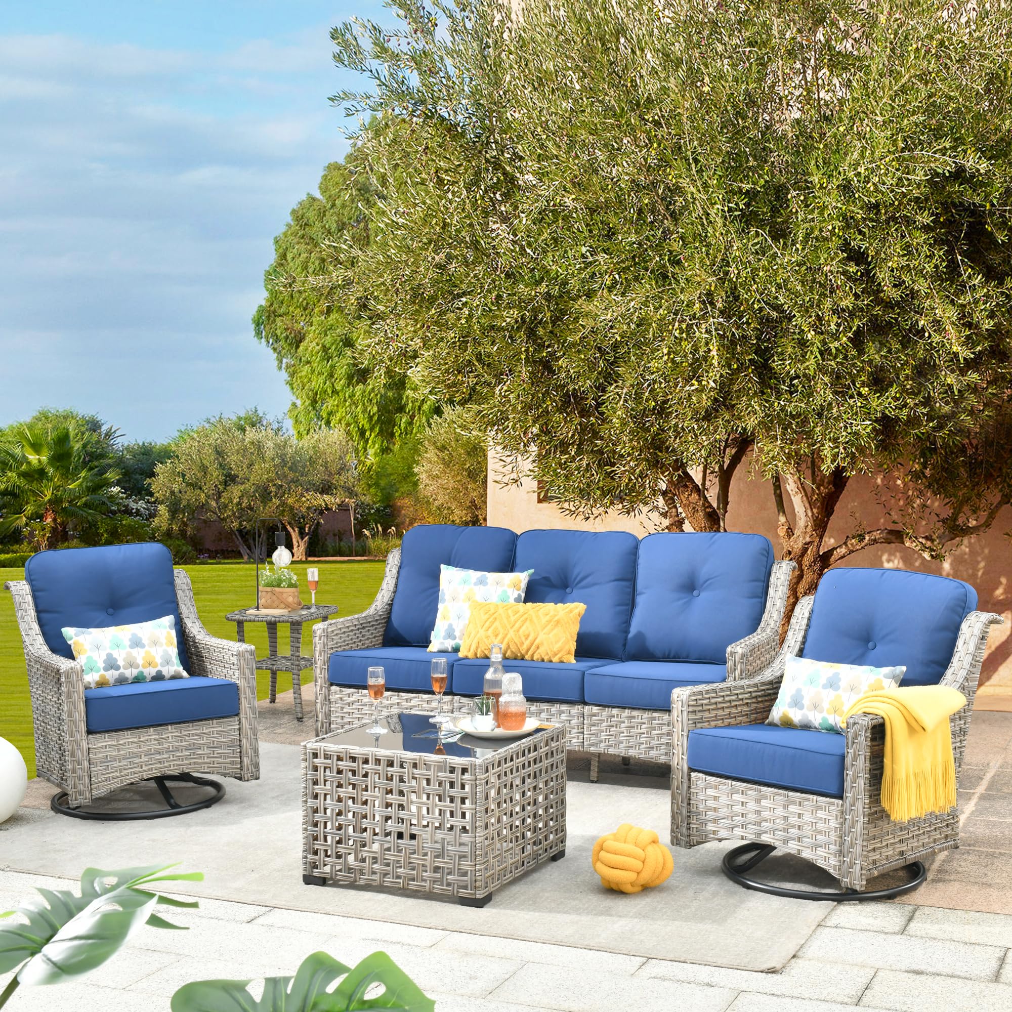 CAODOC Patio Furniture,All Weather Wicker 5 PCS Outdoor Sofa with High Back Swivel Rocker Chairs,Conversation Set with Solar Powered Coffee Table,Grey