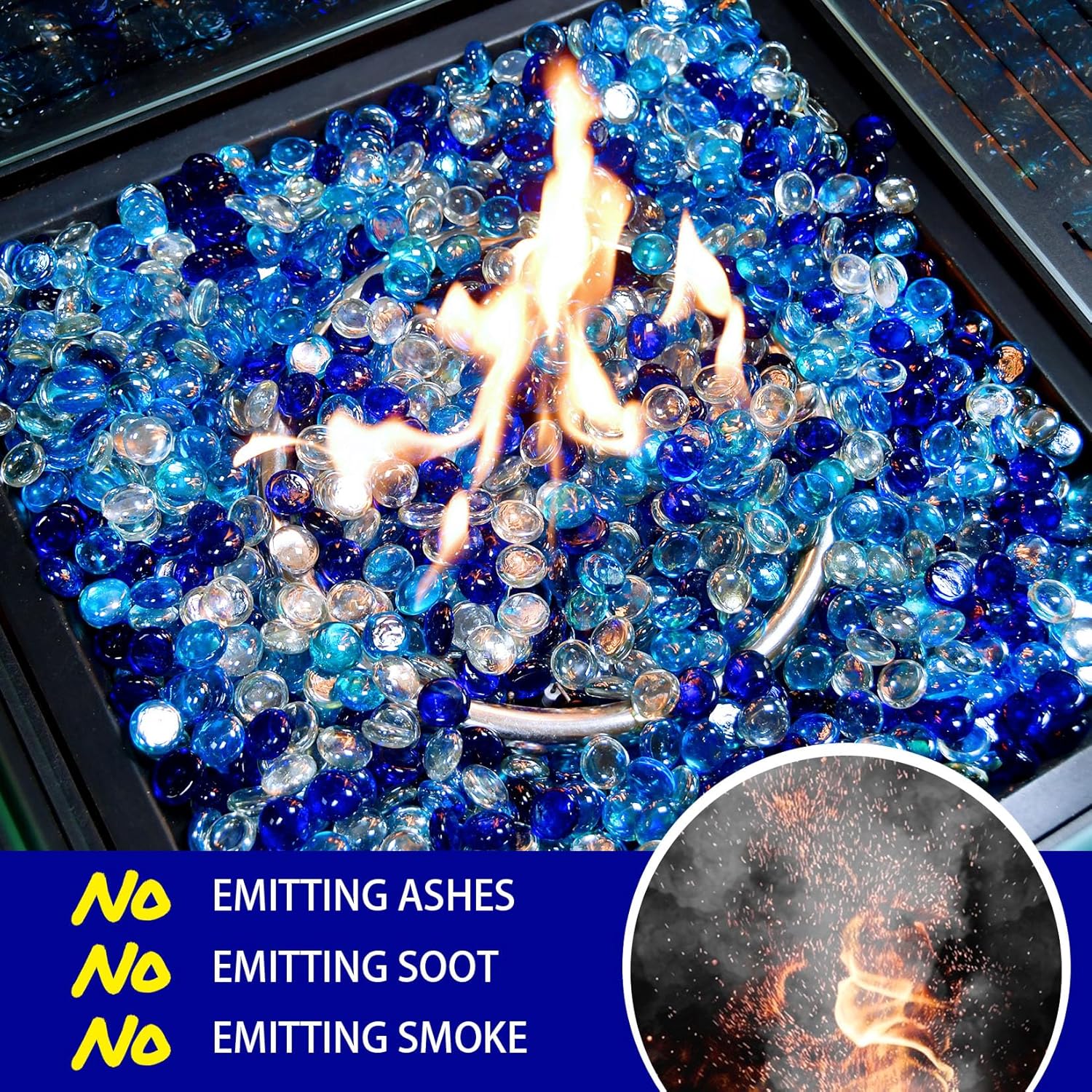 20 Pounds Mixed-Color Fire Glass Beads 3/4 Inch Firepit Gems for Fire Pit Table, Fireplaces, Fire Bowl, Garden Landscaping & DIY Crafts (Cobalt Blue, Oceanic Blue, Crystal Clear)​​