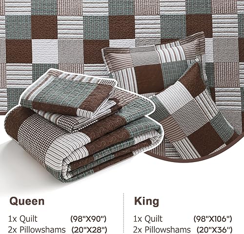 Miniatura 5 de Finlonte Juego de edredón tamaño King  Juego de edredón de 100 % algodón tamaño King, color marrón, verde, blanco, a cuadros, rústico, reversible,