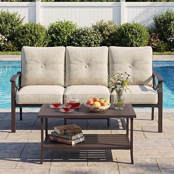 FansaFurn 3 Seats Outdoor Patio Furniture Set, Outdoor Metal Sectional Furniture with Cushions, Outdoor Conversation Set with Coffee Table for Backyard, Garden, Deck, Balcony, Khaki
