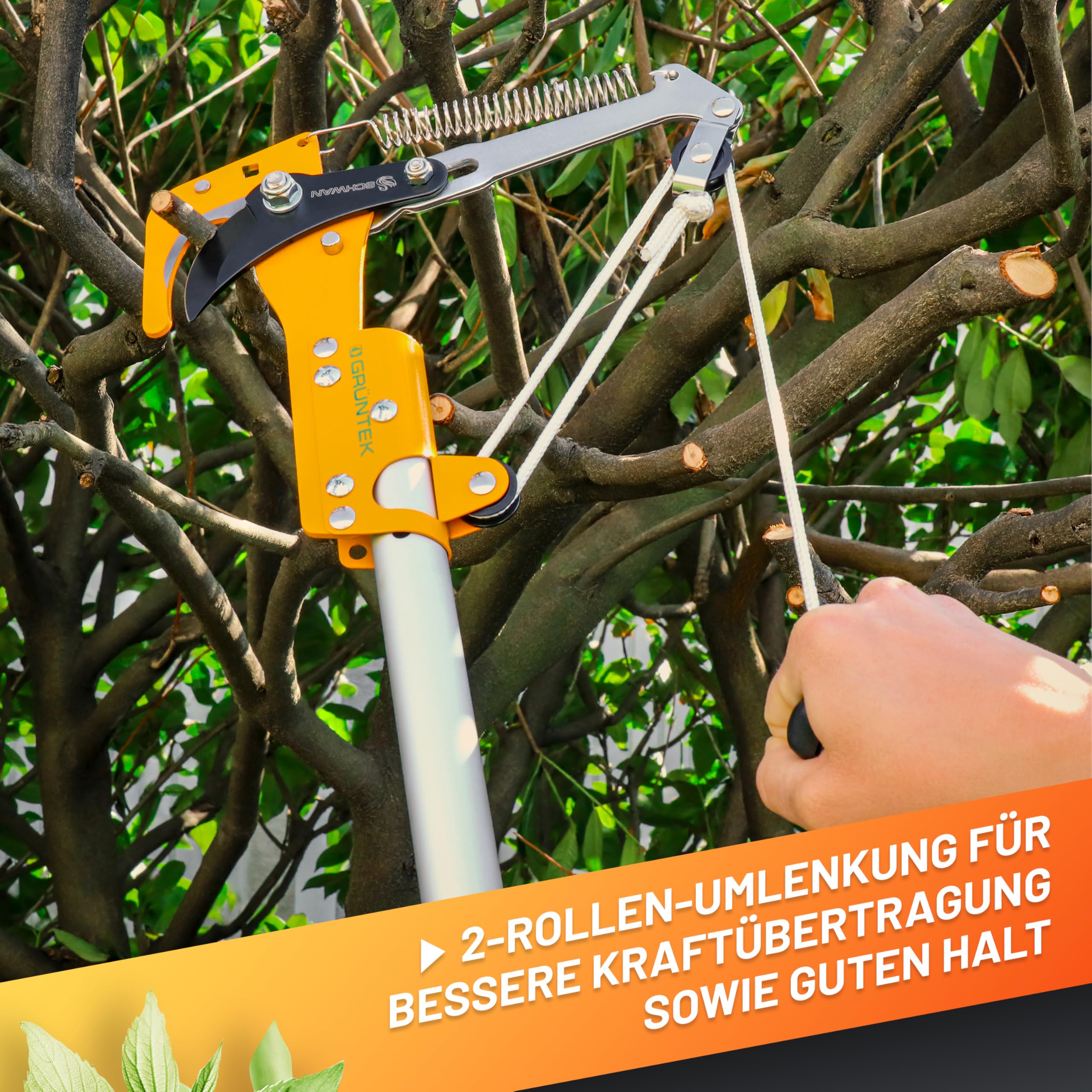 GRÜNTEK Raupenscheren Aufsatz SCHWAN, passend für Teleskopstiel WELS, Stangenschere mit hoher Hebelkraft und robustem Zugseil, Baumschere für entfernte Äste, bis 25 mm Schnittdurchmesser
