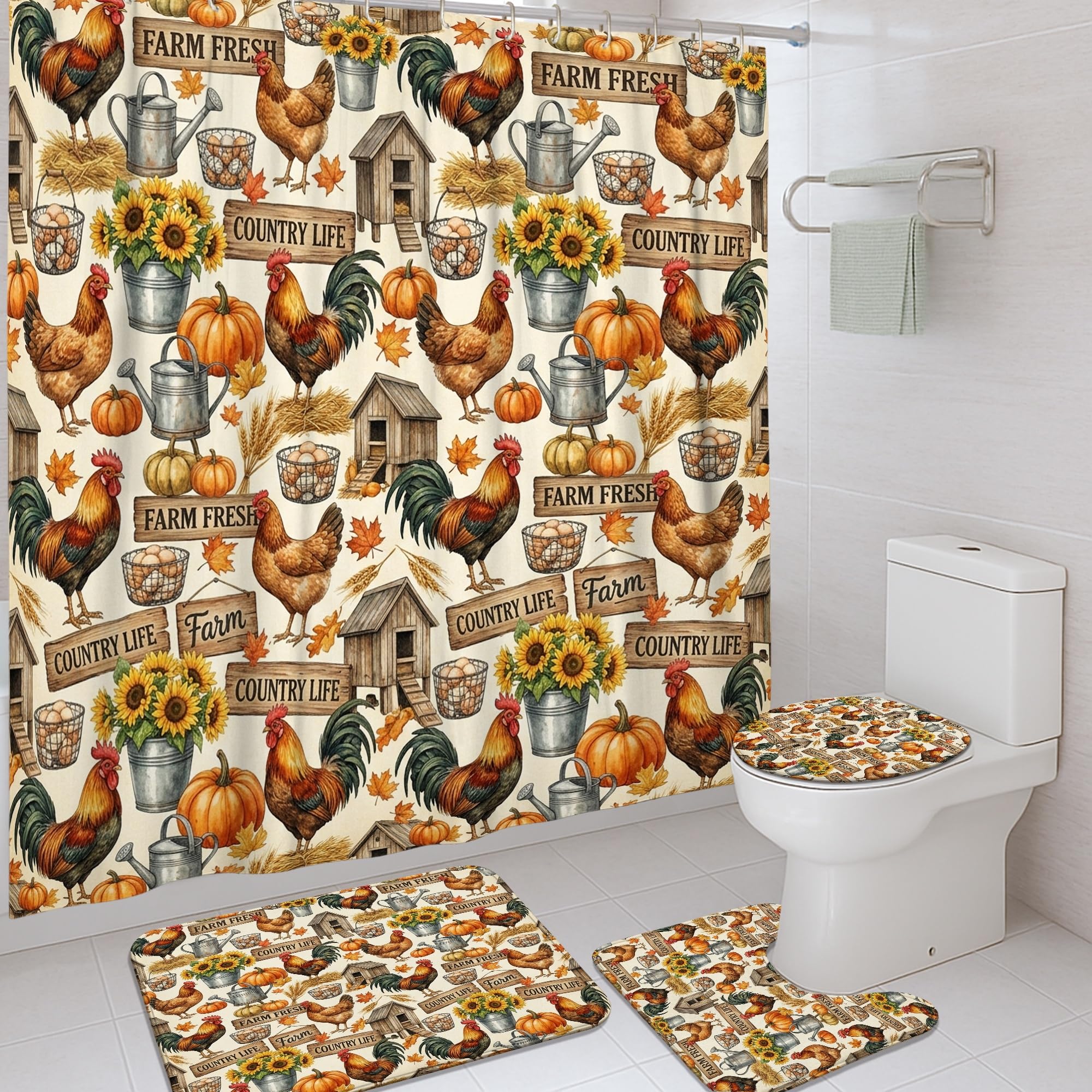 Rideau de douche coq et citrouilles pour créer une ambiance chaleureuse d'automne