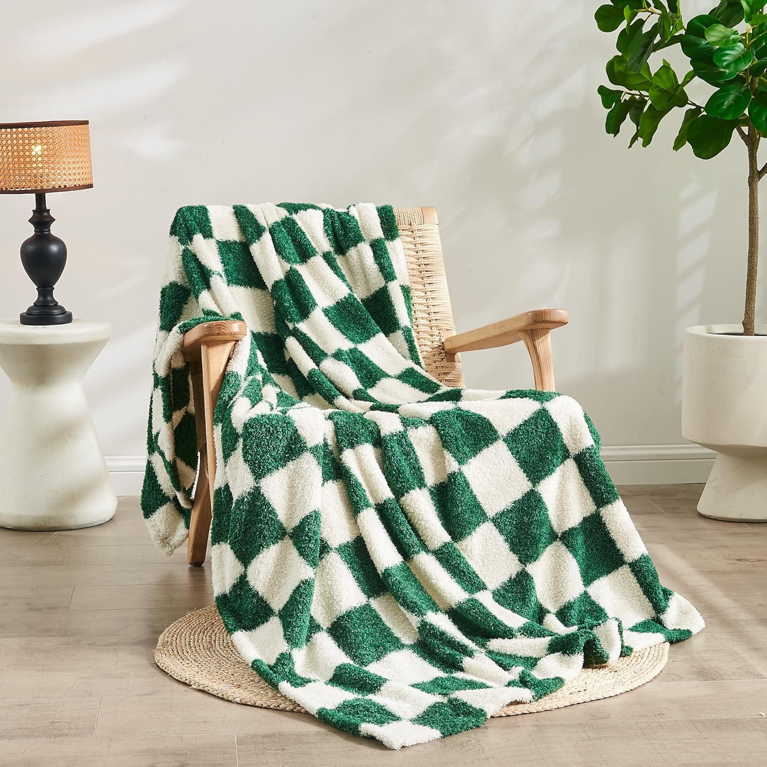 Qeils Checkered Blanket Microfiber Super Soft Knit Forest Green Throw Blanket for Couch, Sofa, Chair, Bed, Camping, Lightweight Travel Bed Blanket - 60"*80"