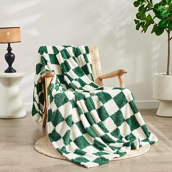 Qeils Checkered Blanket Microfiber Super Soft Knit Forest Green Throw Blanket for Couch, Sofa, Chair, Bed, Camping, Lightweight Travel Bed Blanket - 60"*80"