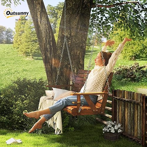 Miniatura 2 de Outsunny Columpio de madera mejorado para porche de 3 plazas, banco de columpio de patio al aire libre de 5 pies con portavasos, cadenas colgantes,