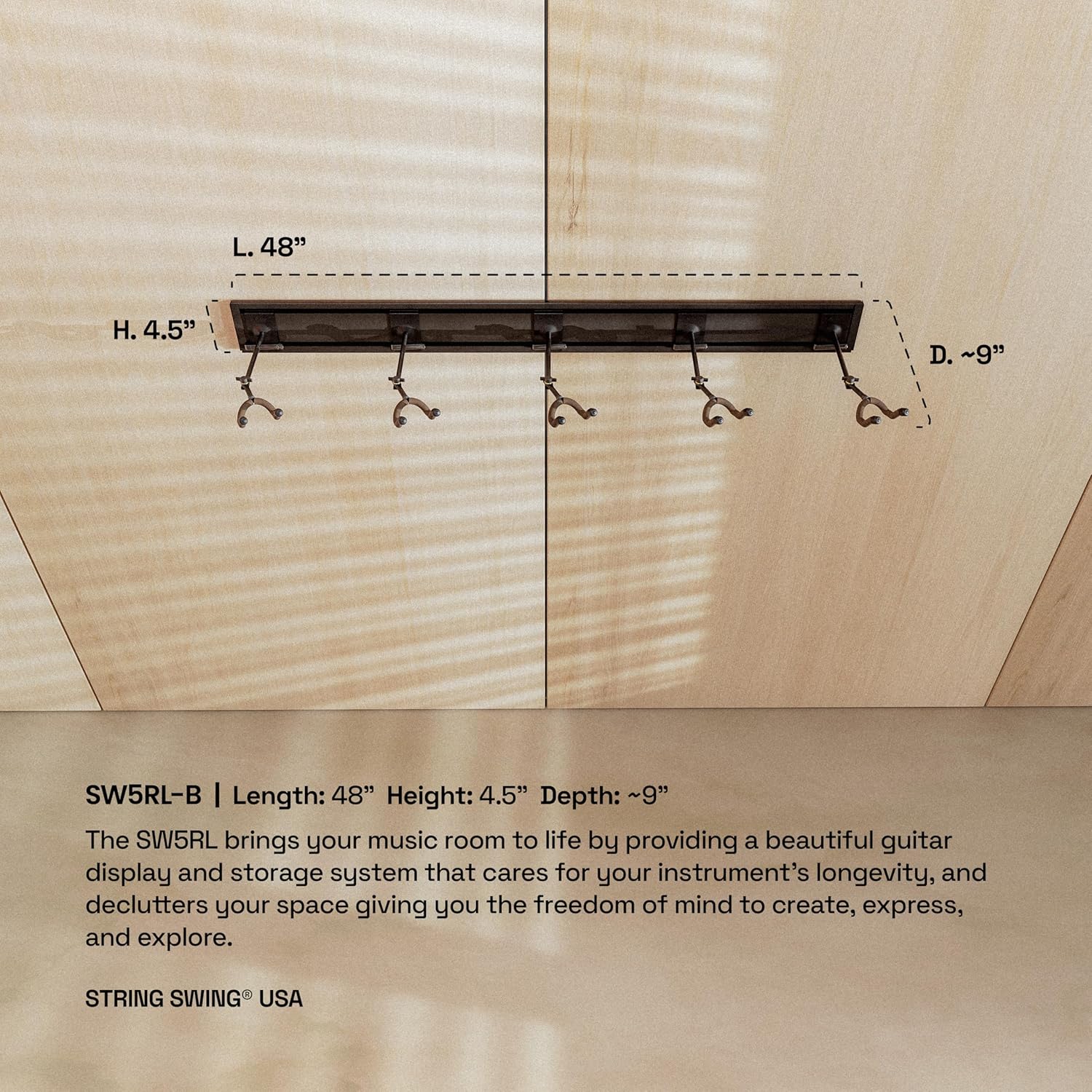 String Swing Guitar Wall Rack, Multiple Guitar Wall Mount, Guitar Organizer for Acoustic & Electric Guitars, 5 Padded Arm Hangers & Black Slatwall Rail, Wall Mount Guitar Rack - Made in USA