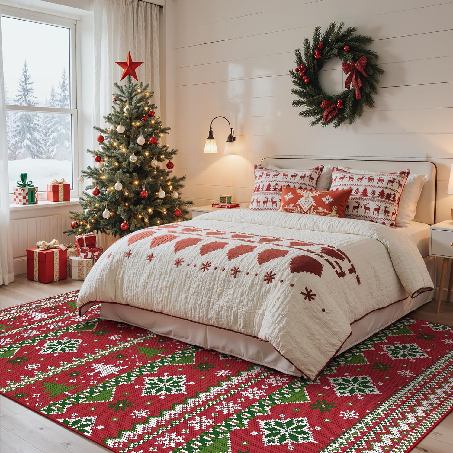 GENIMO 8x10 Christmas Rug for Living Room, Red Washable Rugs Non Slip, Snowflake & Tree Print Carpet, Low Pile Christmas Area Rug for Holiday Decor, Bedroom, Dining Room