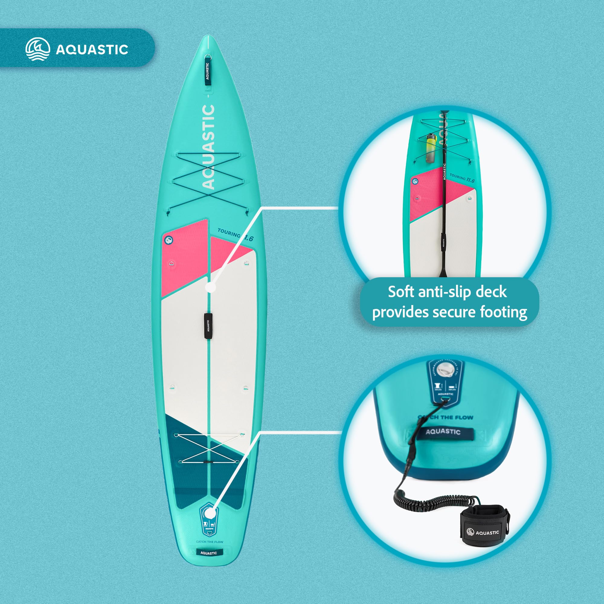 AQUASTIC Touring nadmuchiwana deska SUP 350 x 79 x 15 cm, maksymalne obciążenie 130 kg, pierścienie D do siedzenia kajakiem | 350 x 79 x 15 cm, 330 l, do 130 kg, z siedziskiem kajakowym, wiosłem 2 w 1, pompką i plecakiem