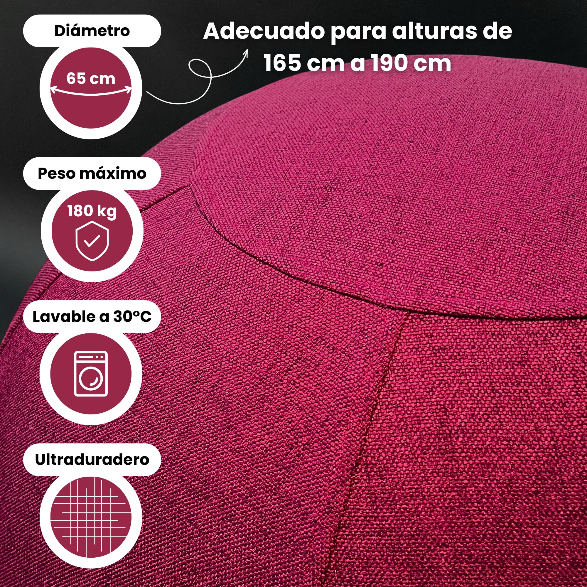 Pelota Oficina para Sentarse - Pelota Silla Trabajo y Yoga - Balón ergonómico antidolor de Espalda - Asiento dinámico y Postura Mejorada - Capacidad de 180 kg - Antideslizante