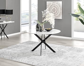 Furniturebox UK Novara Round White High Gloss Dining Table 39" & 47" Sizes Modern 46 Seater Table with Black, Silver, or Gold Chrome Starburst Legs White Gloss, 47", Black Matte Legs