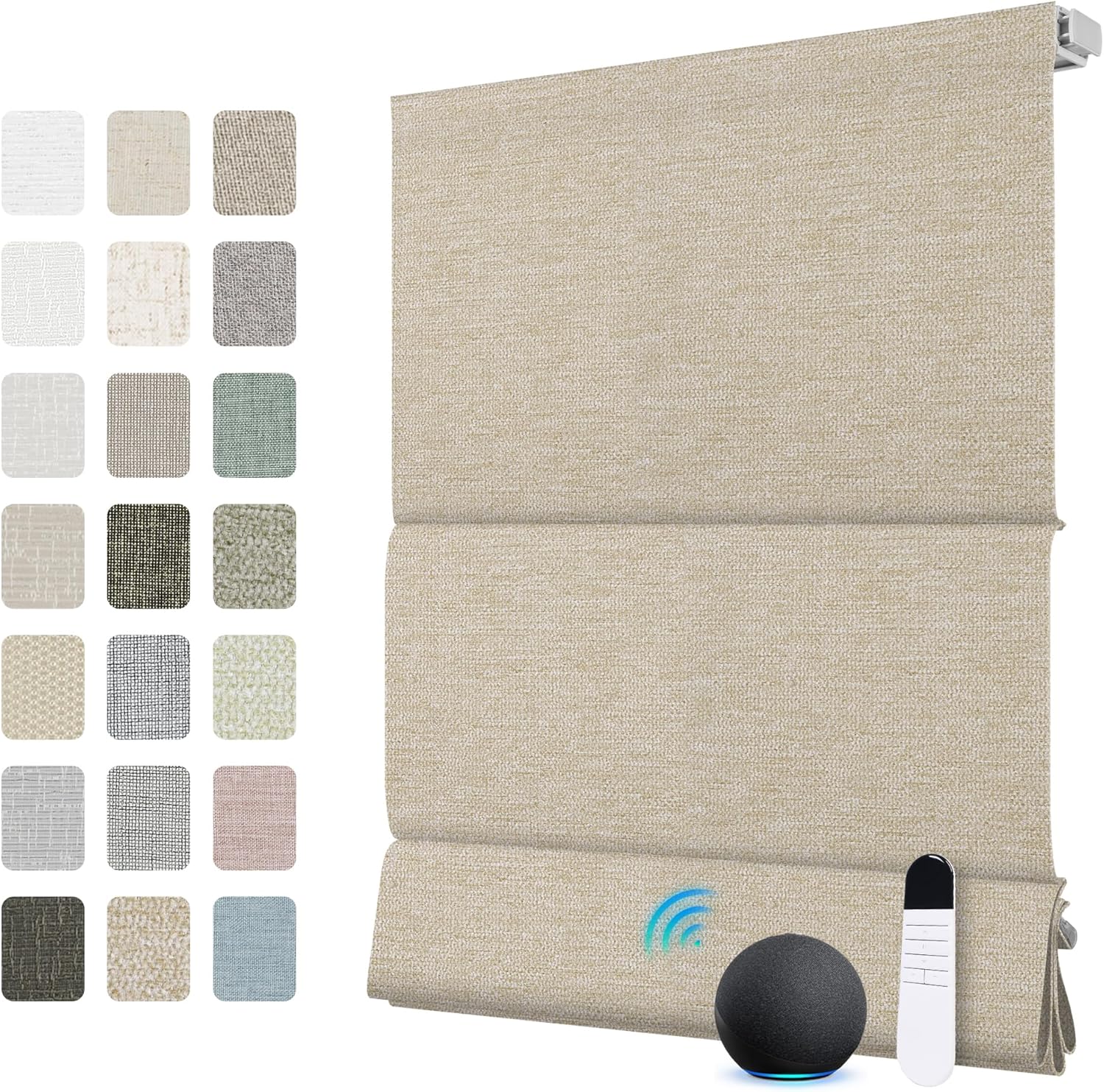 BERISSA Motorized No Drill Roman Blinds with Remote,Cordless Smart Blackout & Light Filtering Fabric Roman Shades for Indoor Windows,Alexa Google Home,APP Control,Custom Color-59 W x 48" H