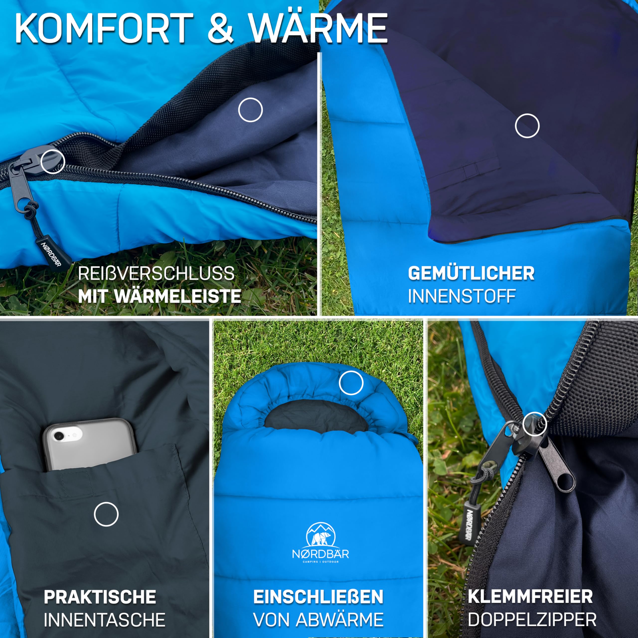 NORDBÄR® Schlafsack 3 Jahreszeiten & Sommer Ultraleicht [750g/1500g] | Camping Mumienschlafsack | kleines Packmaß [100GSM/300GMS] | Outdoor Reise Hüttenschlafsack| Sommerschlafsack
