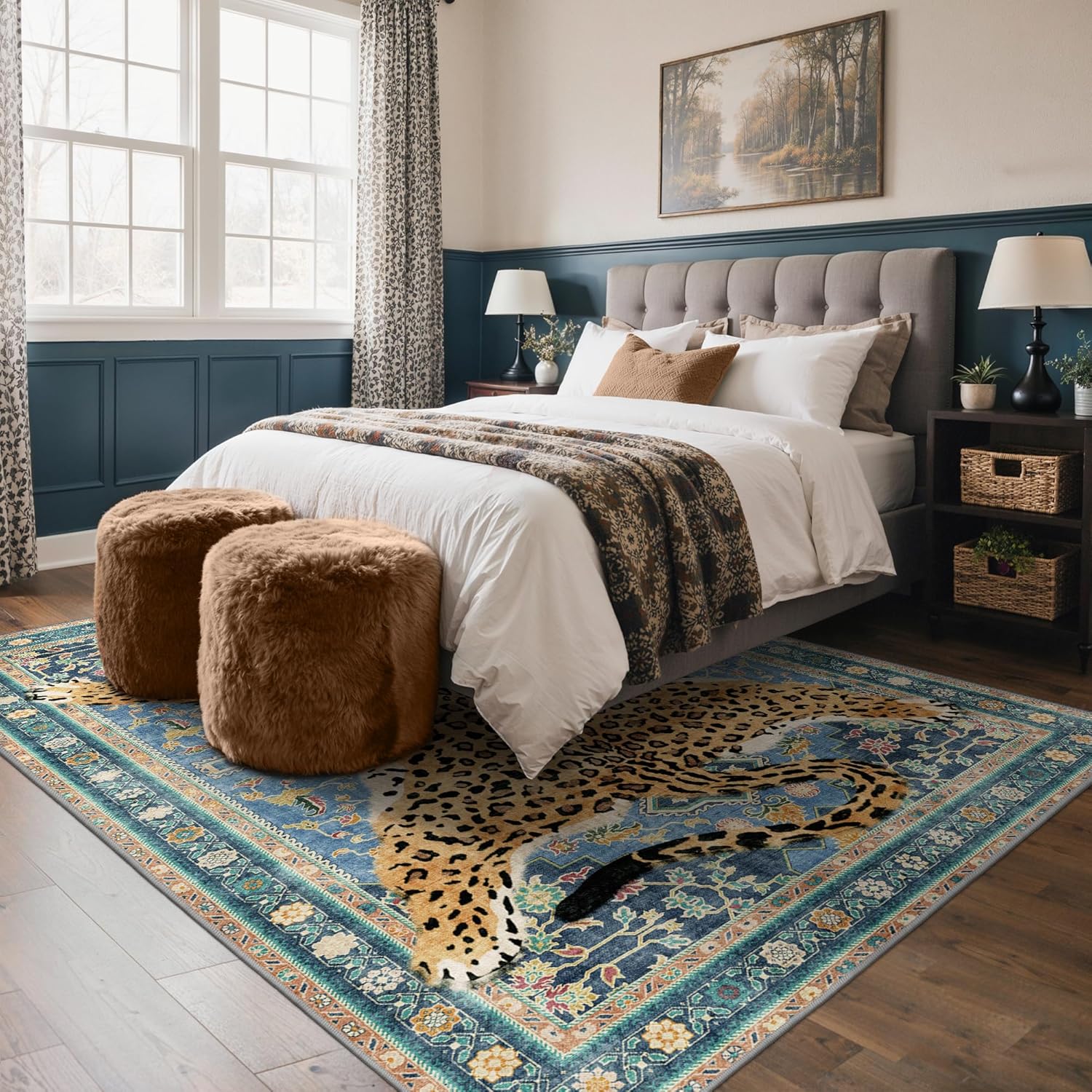Bavni 8x10 Leopard Rug, Machine Washable Cheetah Animal Print Low Pile Boho Woodland Jungle Carpet, Non-Slip Non-Shedding Pet Friendly Rug for Living Room Playroom Nursery Bedroom Dining Room, Blue