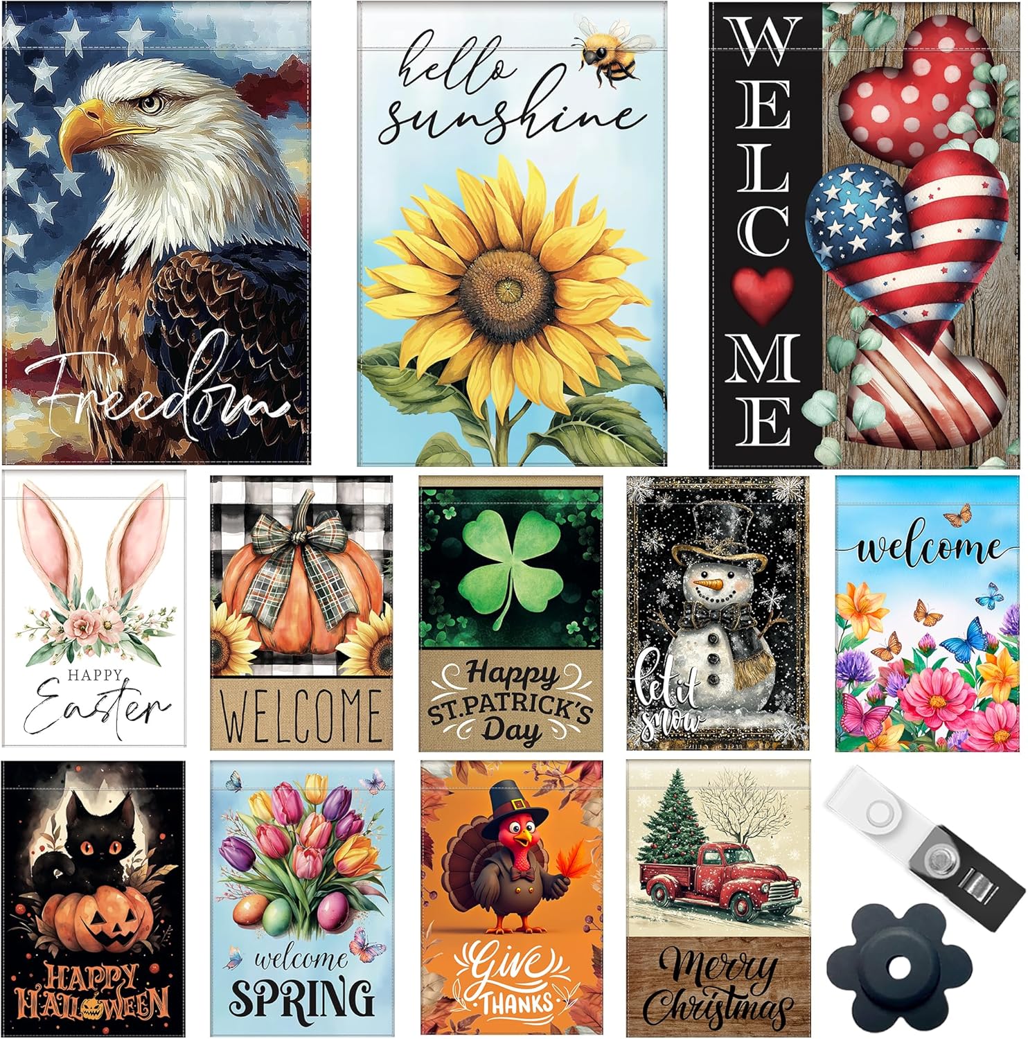 Seasonal Garden Flags Set of 12, Double-Sided, 12 x 18 inches, Weather Resistant, with Anti-Wind Clip