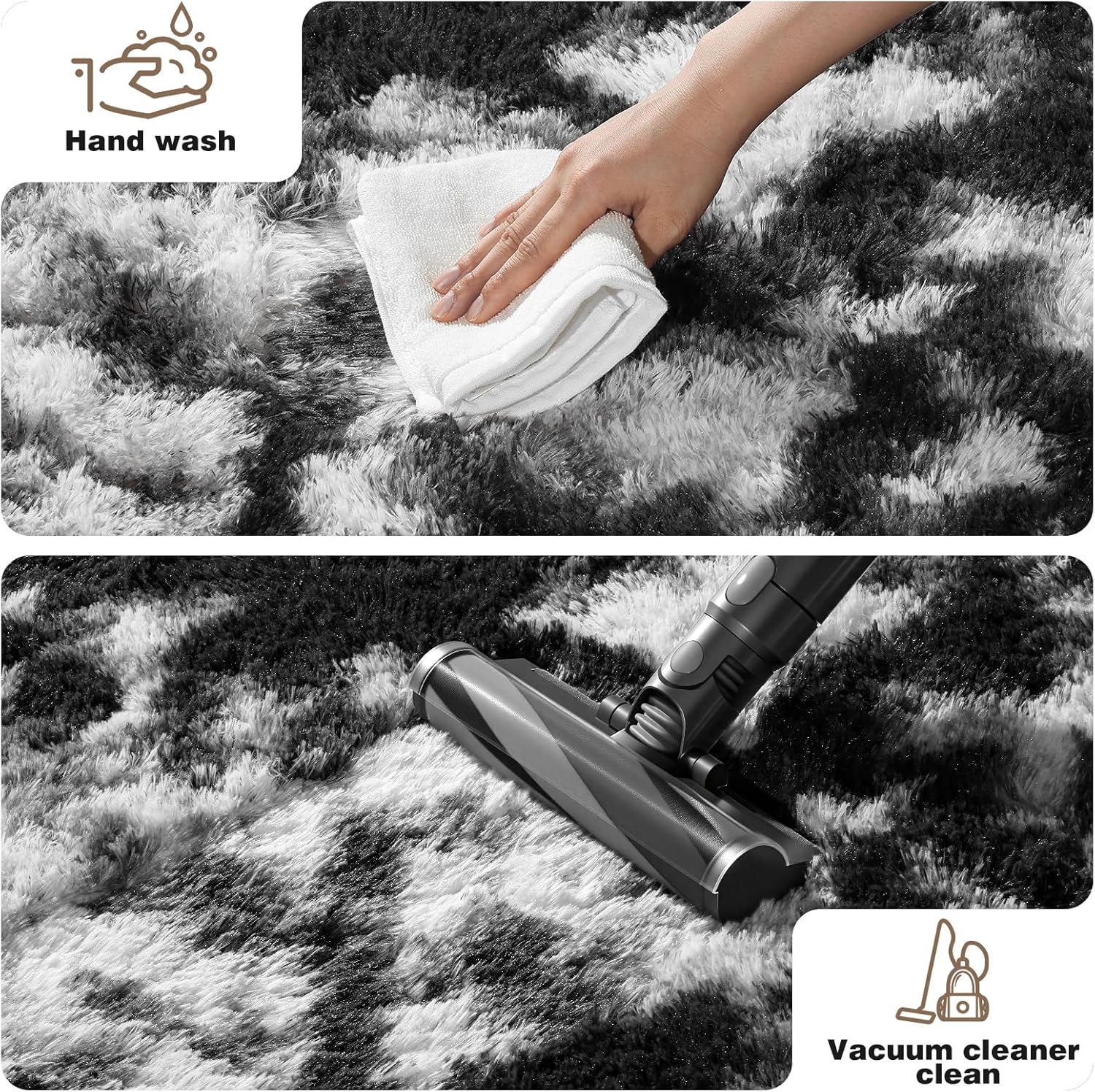 Black and White Rugs for Bedroom, 3x5 Fluffy Small Area Rugs for Living Room, Soft Shag Fuzzy Carpet with 4 Non-Slip Stickers for Kids Boys and Girls Nursery Room Dorm Home Decor (3ft x 5ft)