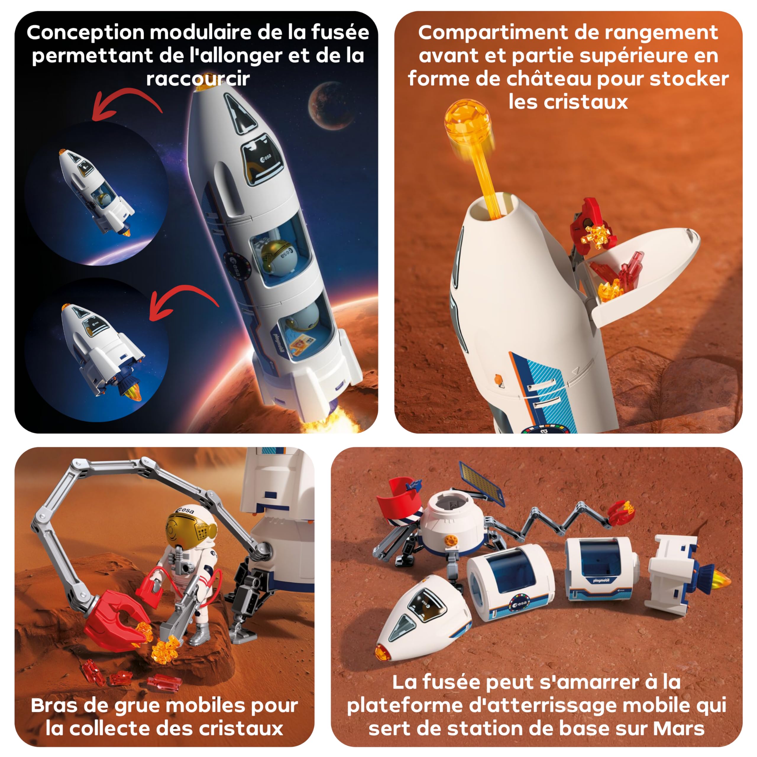 Playmobil Space Fusée de Recherche martienne de l'ESA, Fusée modulaire avec Rampe de Lancement et 2 astronautes, Jeu Spatial, 72011