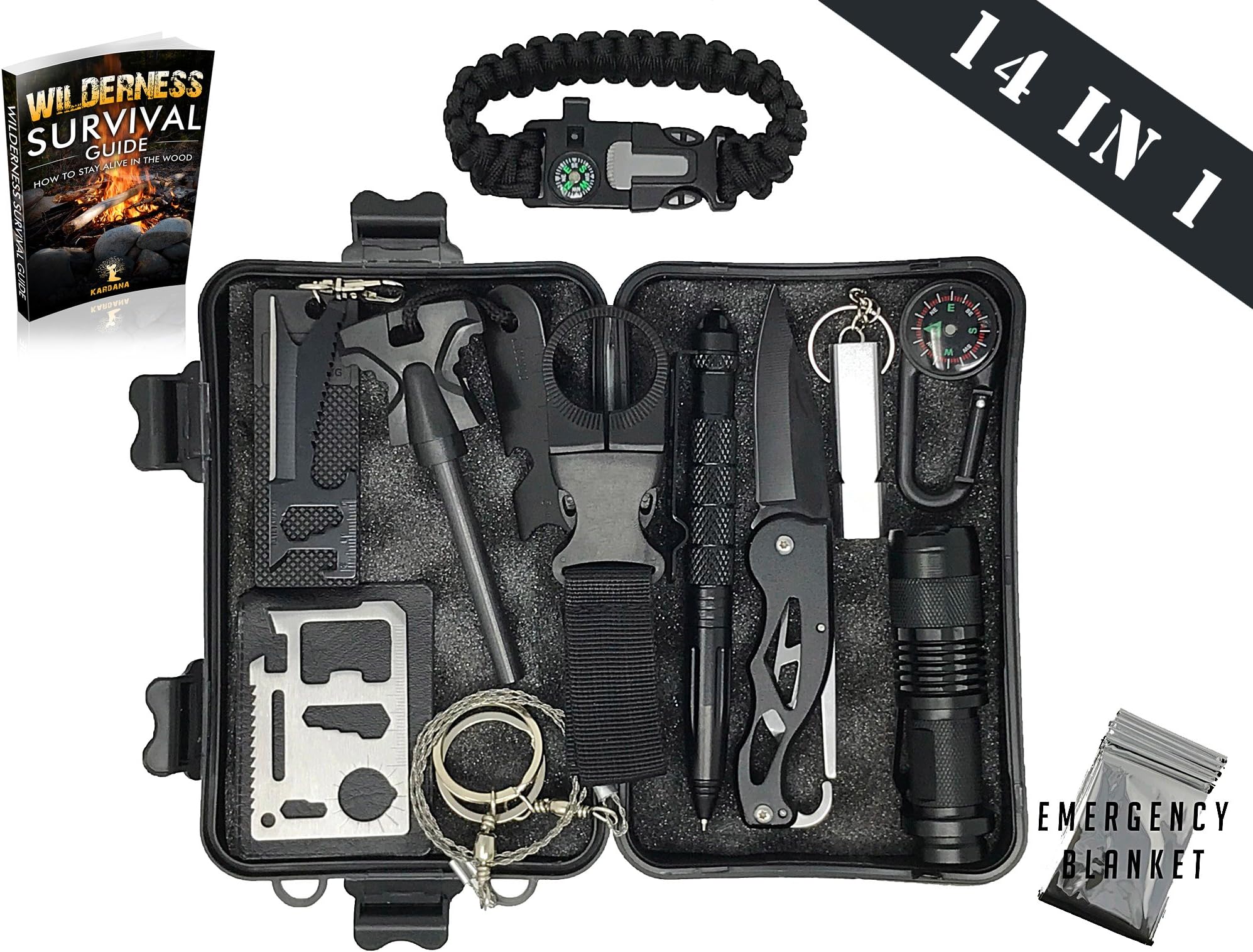 Survival Kit 14 in 1 & eBook - Emergency Gear Kit for Outdoor / Camping / Hiking / Self Defense Weapons - Tactical Pen, Flashlight, Wire Saw, Emergency Blanket, Modern Compass, Special eBook Included