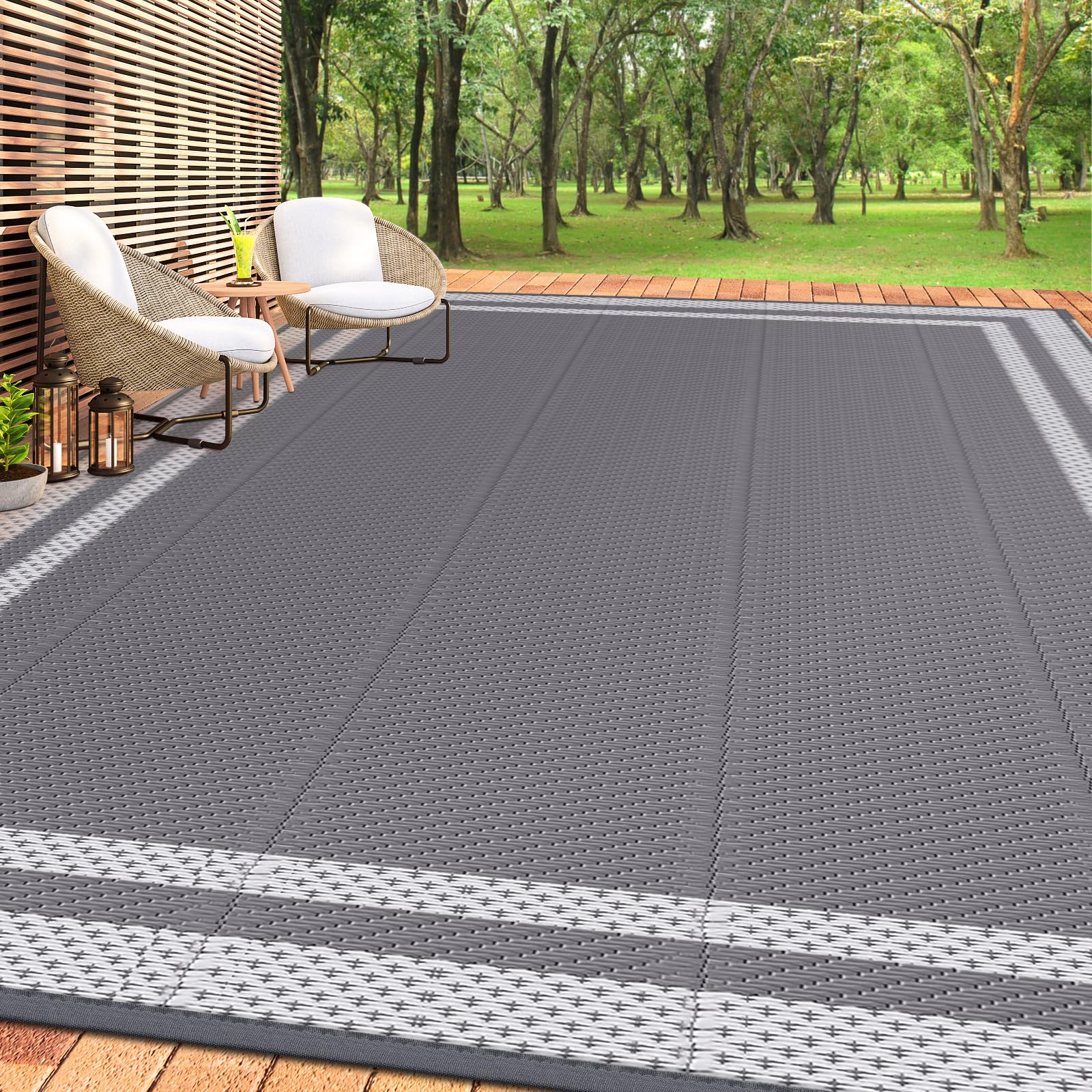 HappyTrends Outdoor Rug Reversible Portable Plastic Straw Camping Rugs for Outside RV,Large Waterproof Outdoor Area Rugs for Patio,Deck,Porch,Balcony(8'x 10',White&Gray)