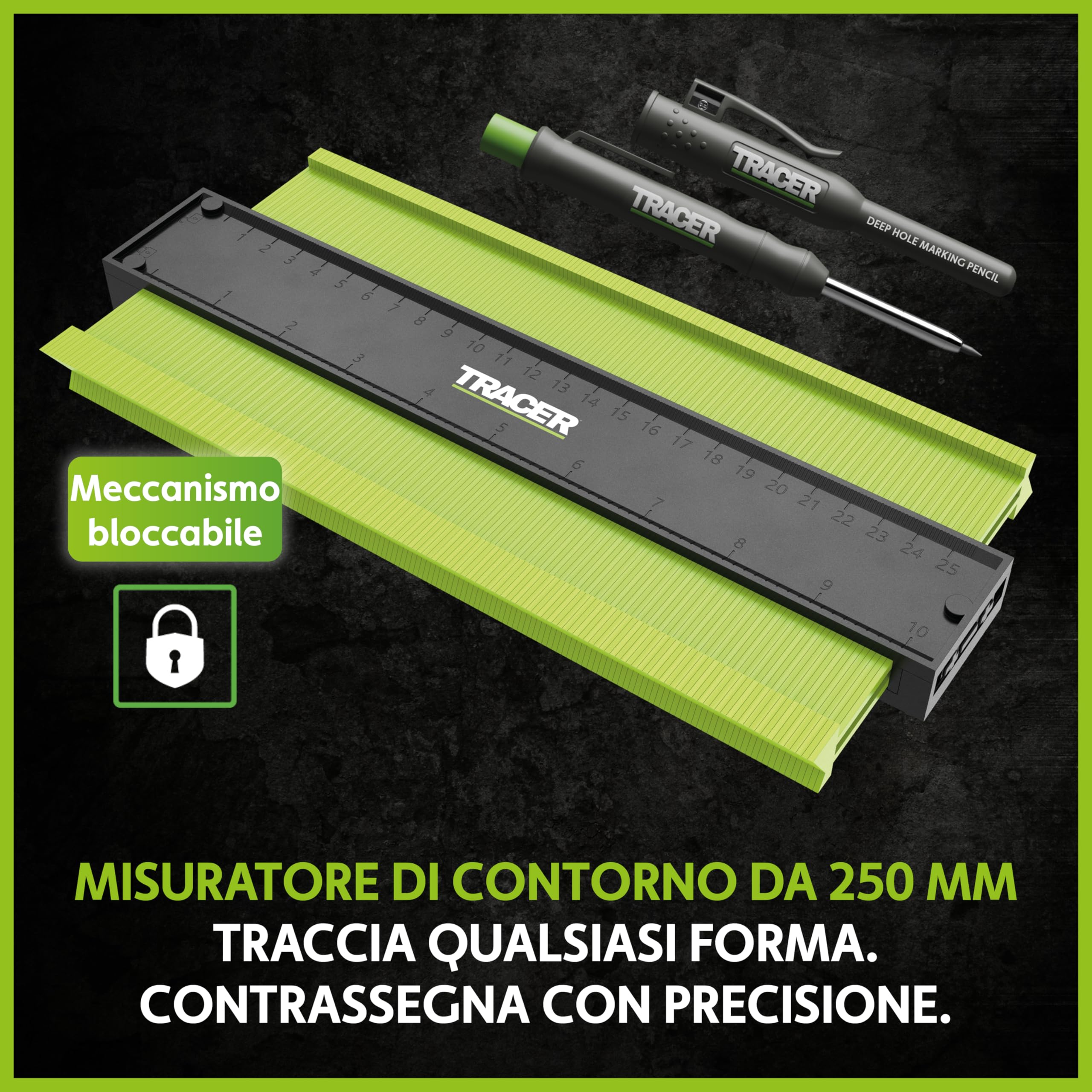 TRACER - Calibro per contorni, 250 mm, con matita per lavori di costruzione con fori profondi, set di matite per carpentieri