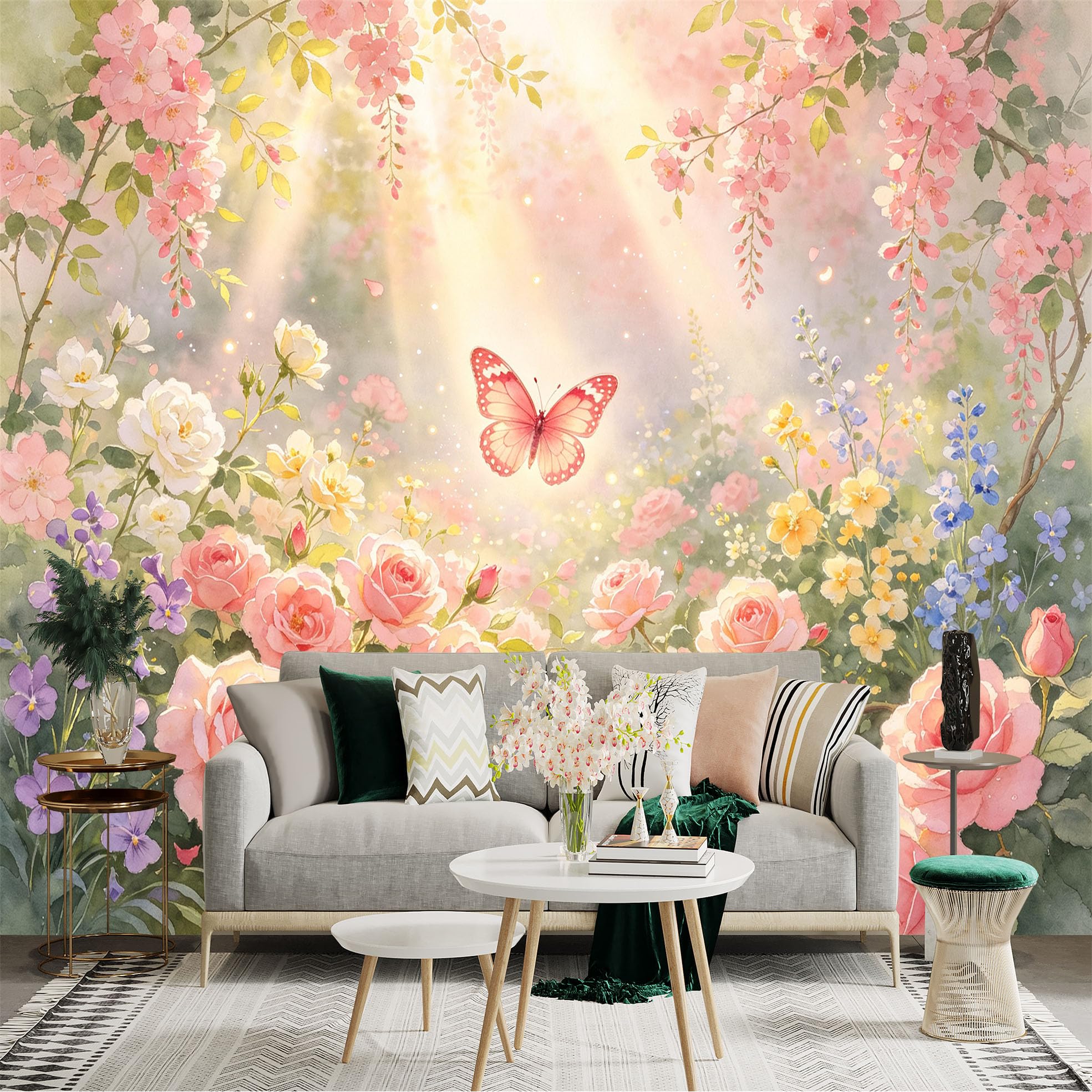 Lnzczhyre Bh260719024 Custom Size Wall Sticker Mural， Pink Butterfly In Watercolor Garden， Blooming Rose Flowers And Sunlight， For Wall Decoration， Peelandstick Wall Decals.