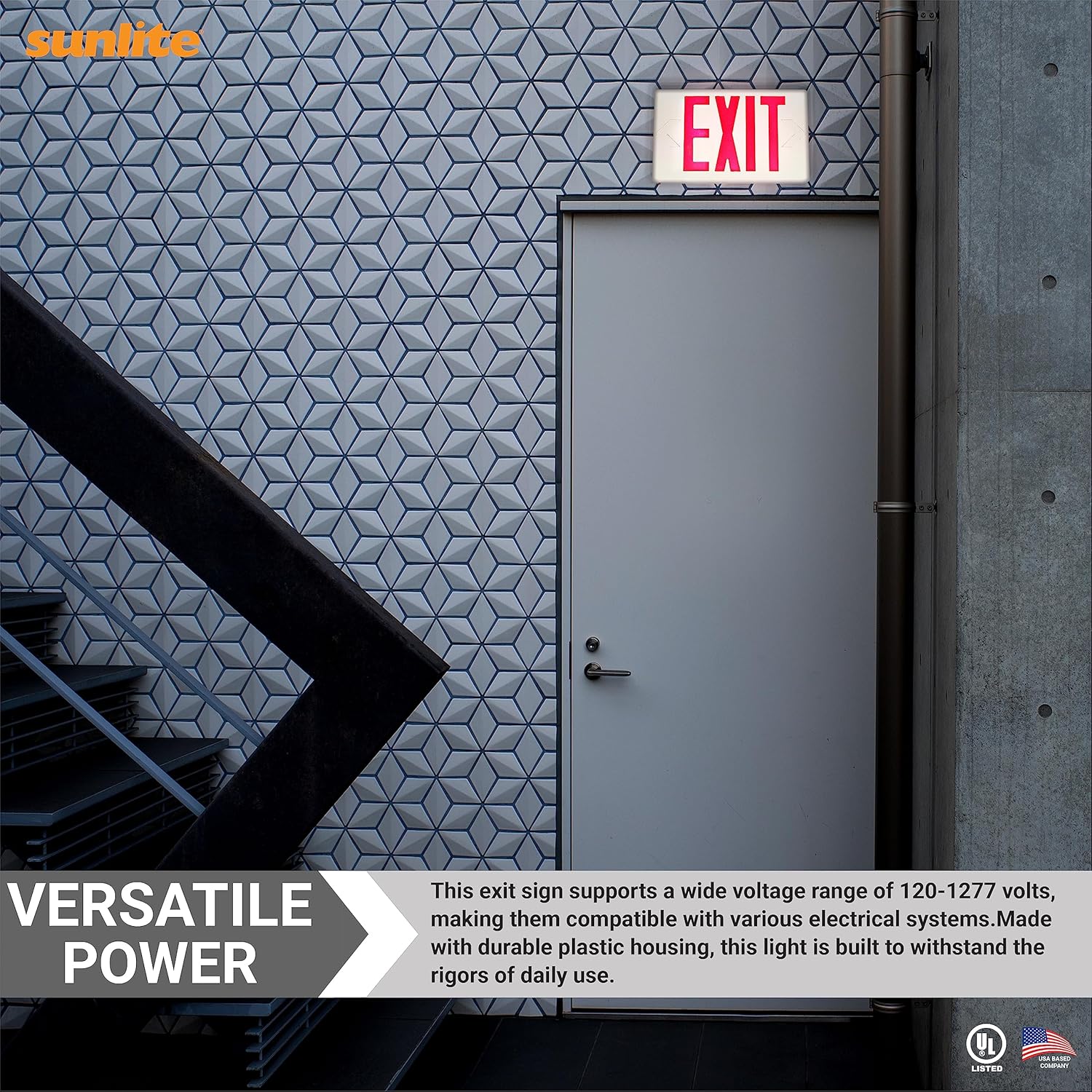 Sunlite 04308 LED Red Exit Light, Emergency Backup Battery, 1 or 2 Faced White Plate, 120-277 Volts, Rechargeable NiCd Battery, UL Listed, For Office, Hospital, Hotels & School Use