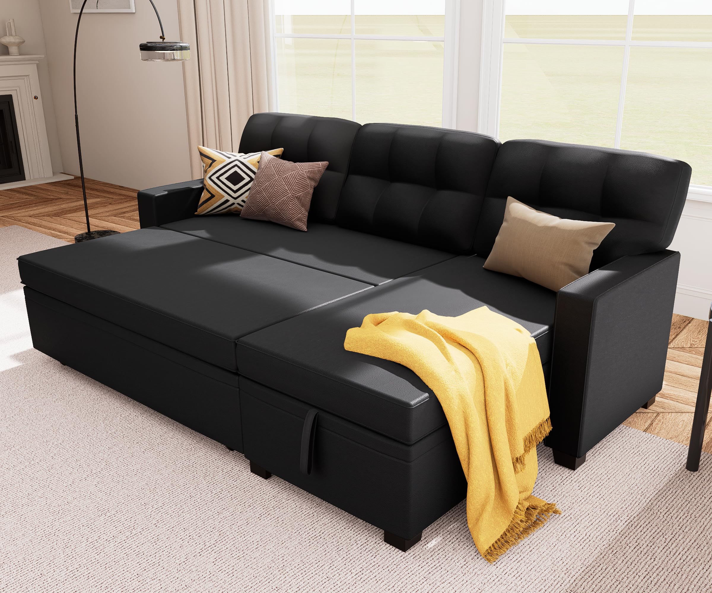Wakefit Reversible Sectional Sofa Couch, Sleeper Sofa Bed with Storage Chaise Pull Out Couch for Living Room | Hidden Stroge | Pull Out Bed | Removable Backrest | PU Leather Fabric, DeepBlack