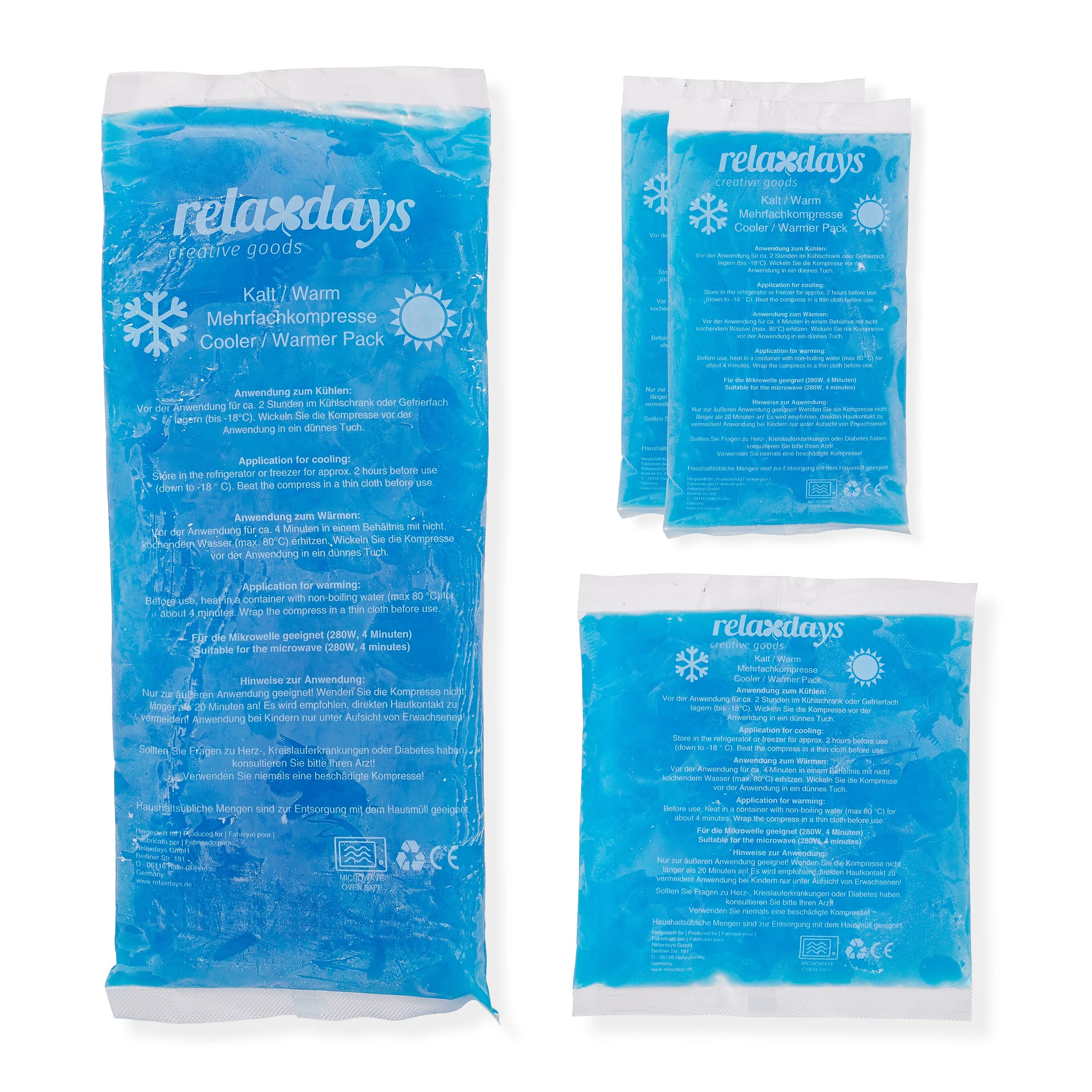 Relaxdays Podkładki chłodzące, zestaw 4 sztuk, 3 rozmiary, kompresy chłodzące na zimno, żel chłodzący, wielokrotnego użytku, niebieskie