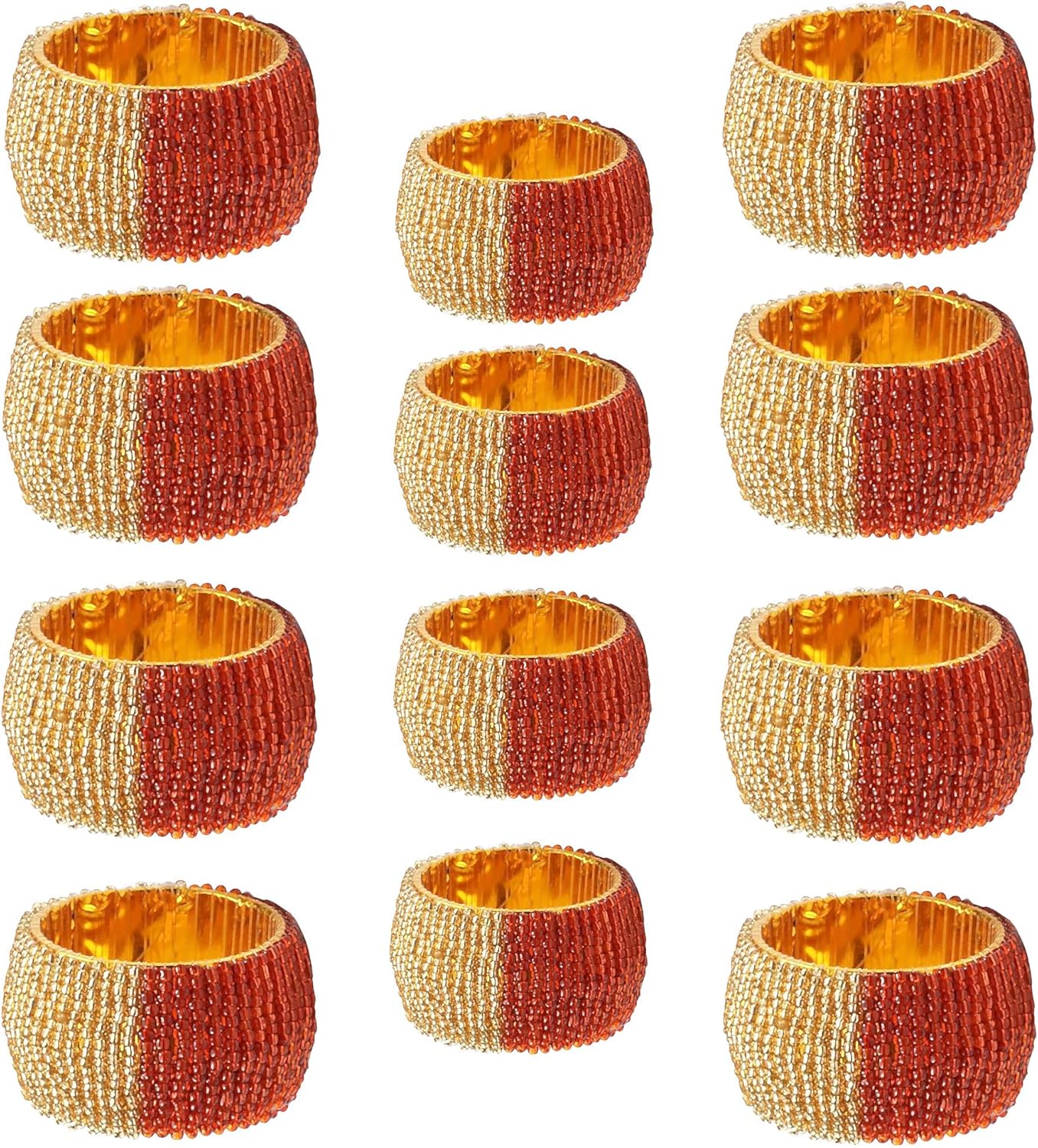 Beaded Napkin Rings Set of 12 - Handmade Glitz Dining Table Napkins Holders - Christmas Napkin Rings, Xmas Holiday Party Halloween Harvest Autumn Fall Thanksgiving Gift Décor - Gold and Red