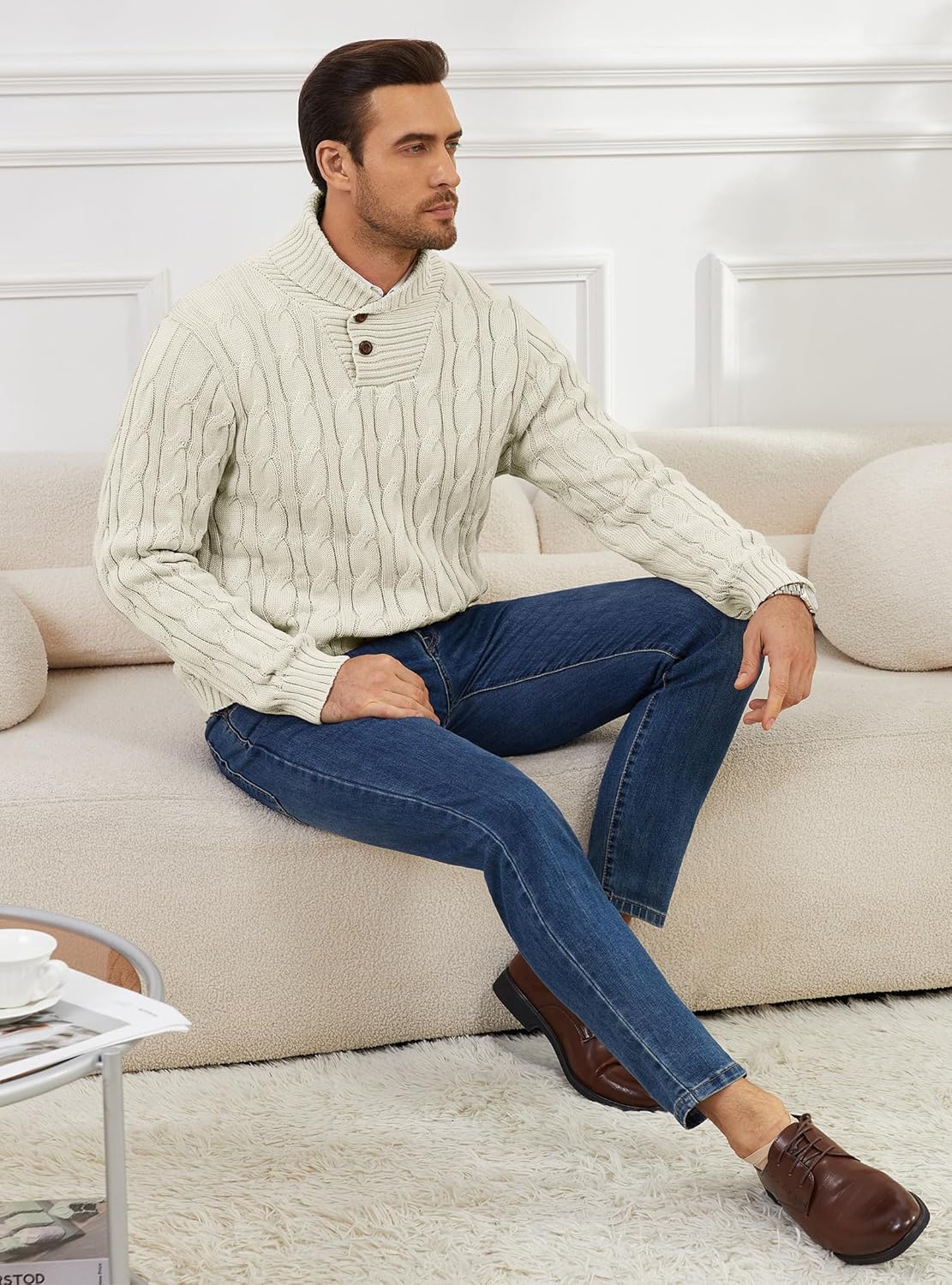 Men's Casual Knit Fisherman Sweaters Fall Winter Sweater V-Neck Cable Pullover Warm Knit Sweater for Men - Image 3