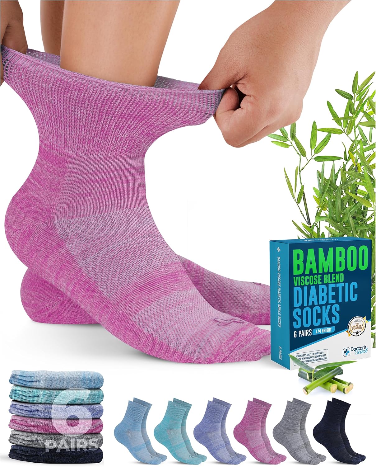 Doctor's Select Bamboo Viscose Diabetic Socks for Women & Men - 6 Pairs, Viscose Bamboo Socks Woman, Non Binding, Wide Top