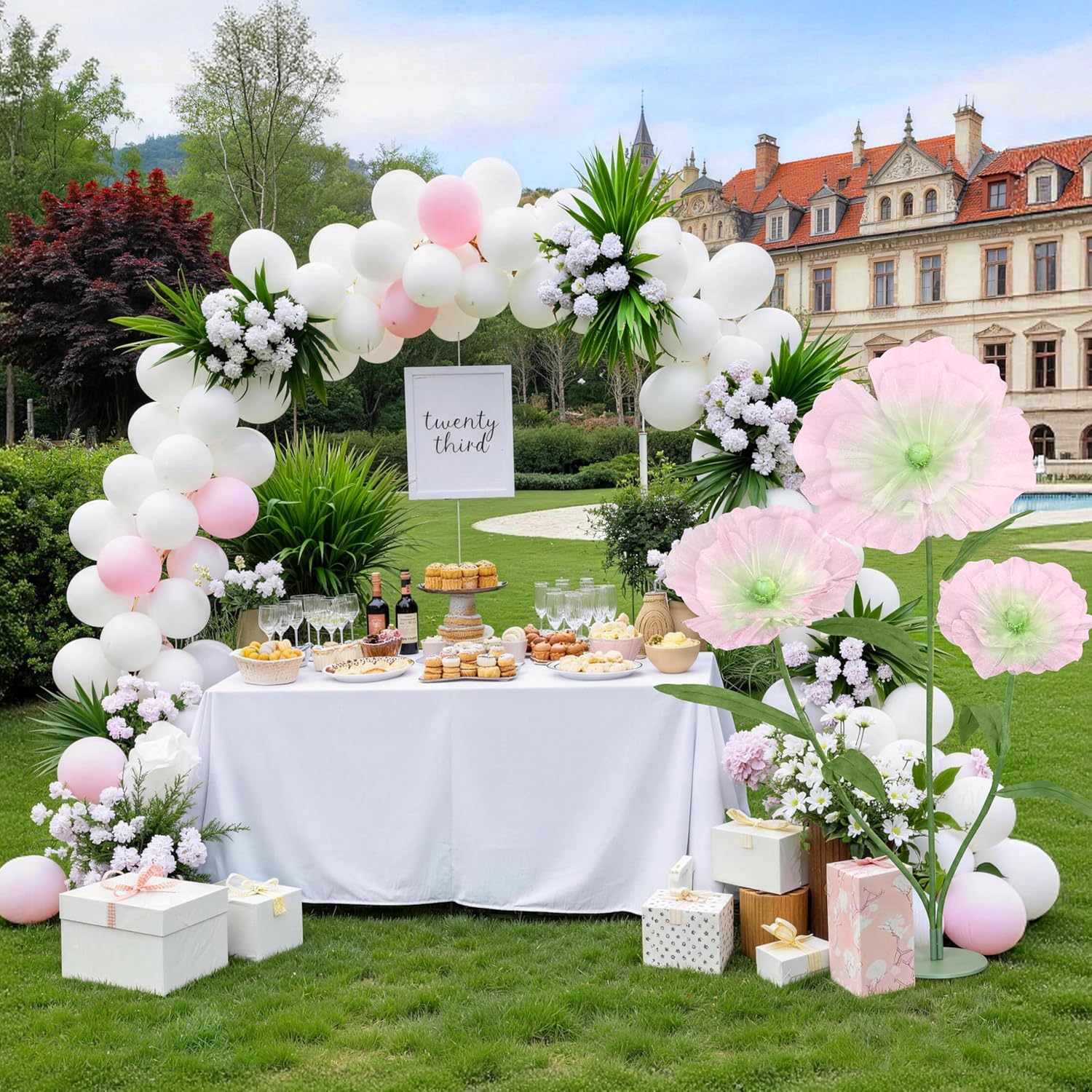 Artificial Giant Flowers for Decoration with Stand - 5.58FT 3D Large Fake Flower Big Silk Faux Floral for Party Wedding Garden Easter Outdoor Backdrop Decoration (Green Pink)