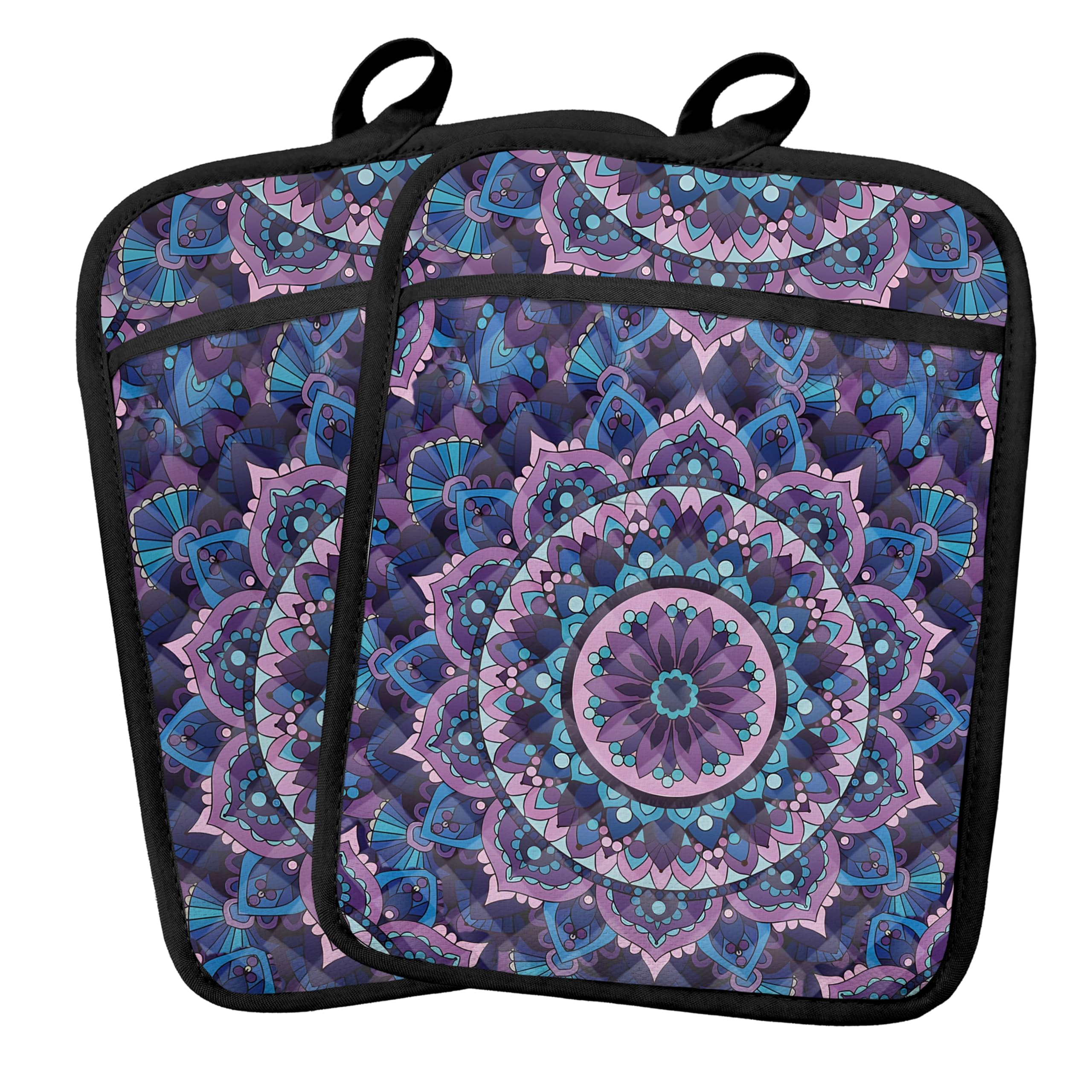 Maniques violettes et bleues lot de 2 style bohème mandala floral pour cuisine rétro