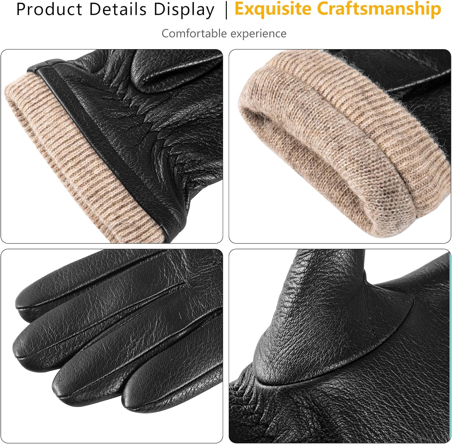Winter Fashion Genuine Leather Gloves for Men, Cashmere Warm Lined Finger Touchscreen Texting Driving Gloves - Image 2
