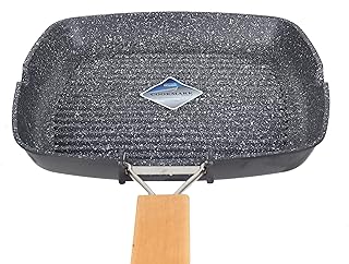 Zilan Poêle à griller 24 cm Base à induction Antiadhésive Poêle grill en bois Poignée pliable en aluminium pour plaques de cuisson Intérieur Carré BBQ Poêle grill, Noir