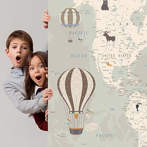 Vista 29 de Papel tapiz de mapa del mundo para niños con animales, calcomanías educativas para despegar y pegar, murales de guardería para bebés, niños