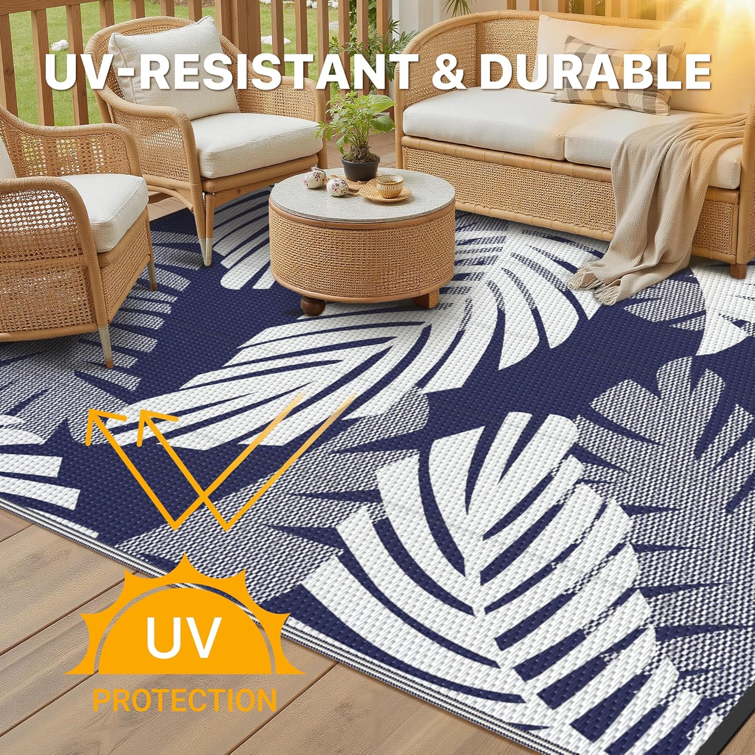 GENIMO Waterproof Outdoor Rug 9' x 12' for Patio Decor, Reversible Plastic Straw Area Rugs for Camping Clearance, RV Mat, Large Outside Carpet for Porch, Deck, Picni, Balcony, Garden, Blue & White