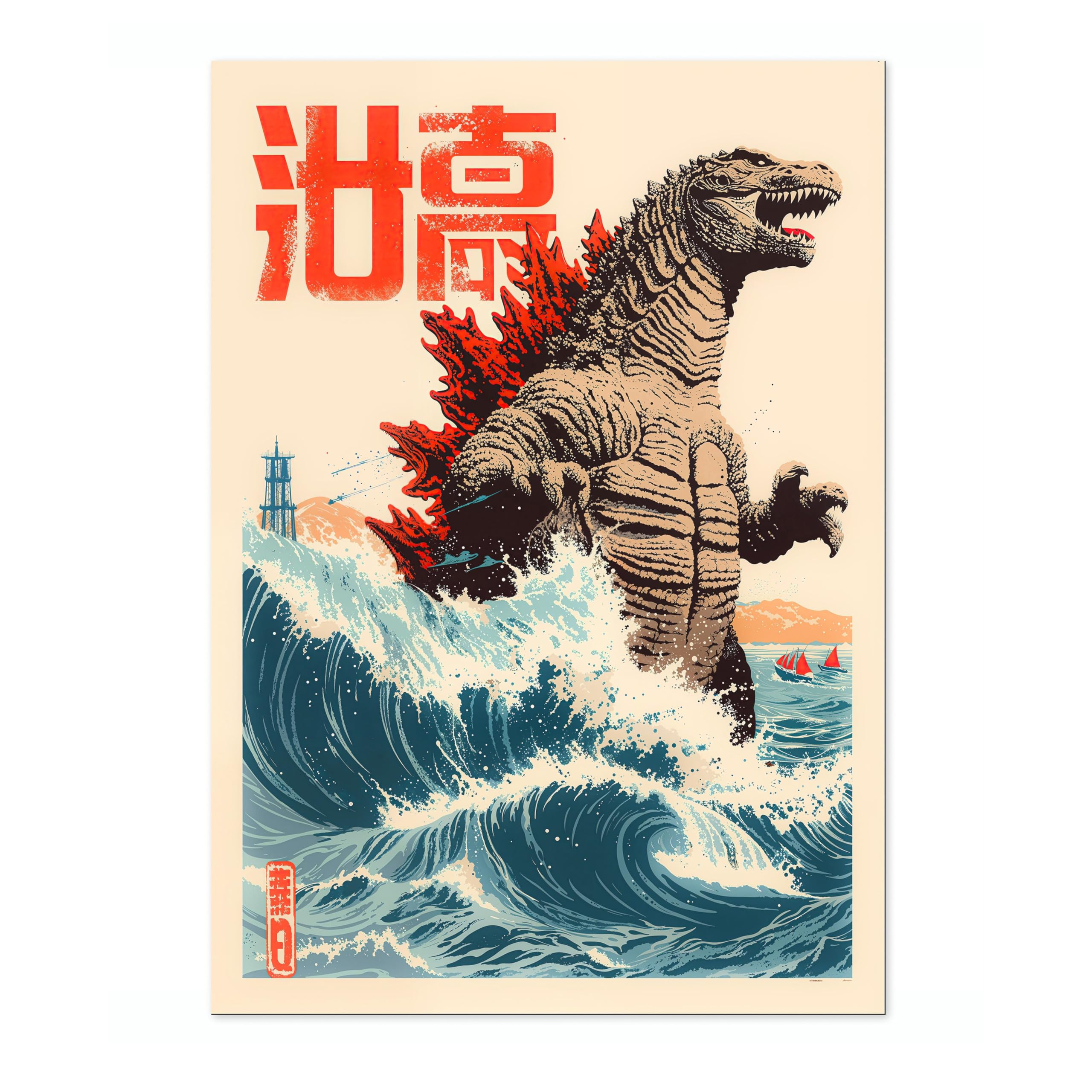 The Great Wave Of Zilla Poster Japanese Anime Style Print. Great Wave Woodblock Animal Wall Art, Archival Matte, A3 (Print Only) - 42x29.7cm