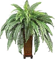 Nearly Natural 35" Boston Fern Silk Plant in Wood Vase - Lifelike Artificial Greenery for Home Office Décor, Green