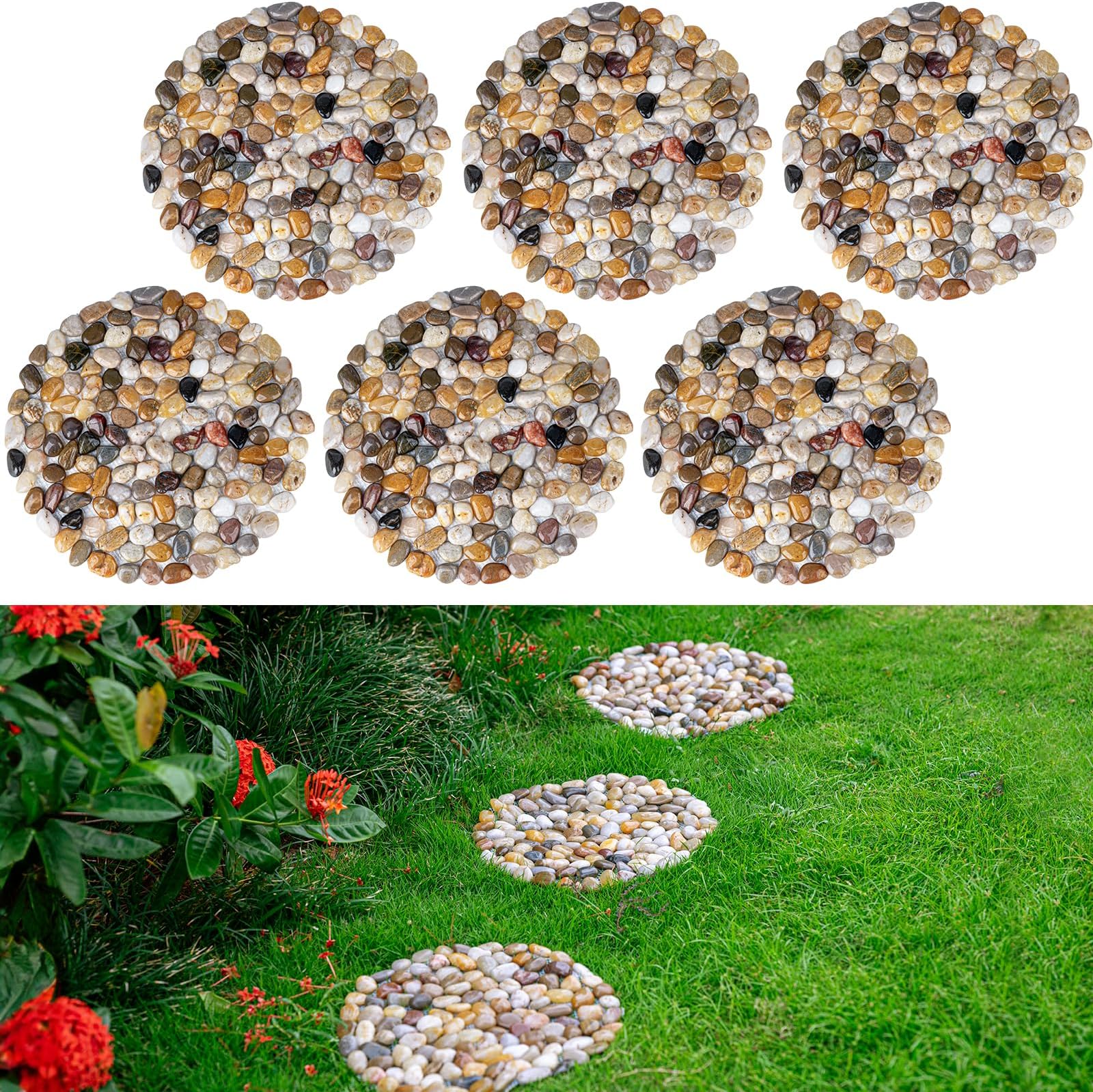 Natural River Rock Stepping Stones for Garden Walkway - Round Pebble Paver Mats with Mesh Backing - Decorative Outdoor Pathway Stones for Lawn, Backyard, Patio, and Landscaping (6 Pack, 9 Inch)