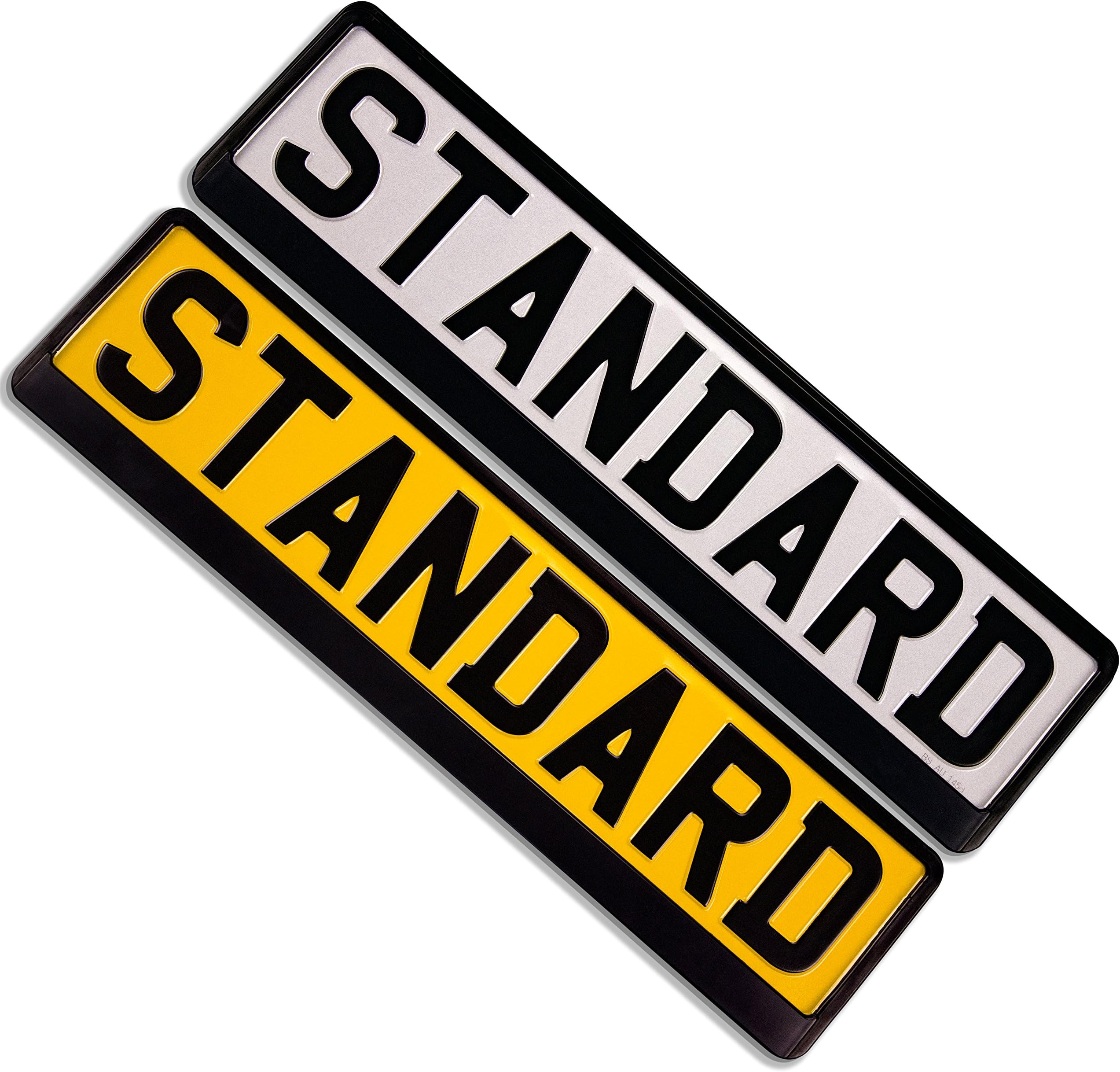 TNPF Set of Road Legal Reflective Pressed Metal Car Number/Registration Plates With a Set Of Fitting Frames, Pressed Embossed Aluminium with Black 3D Font