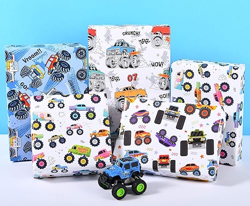 Miniatura 5 de Titiweet Monster Truck - Papel de regalo para niños y niños, papel de regalo de carreras, 12 hojas de papel de regalo para Navidad, cumpleaños,