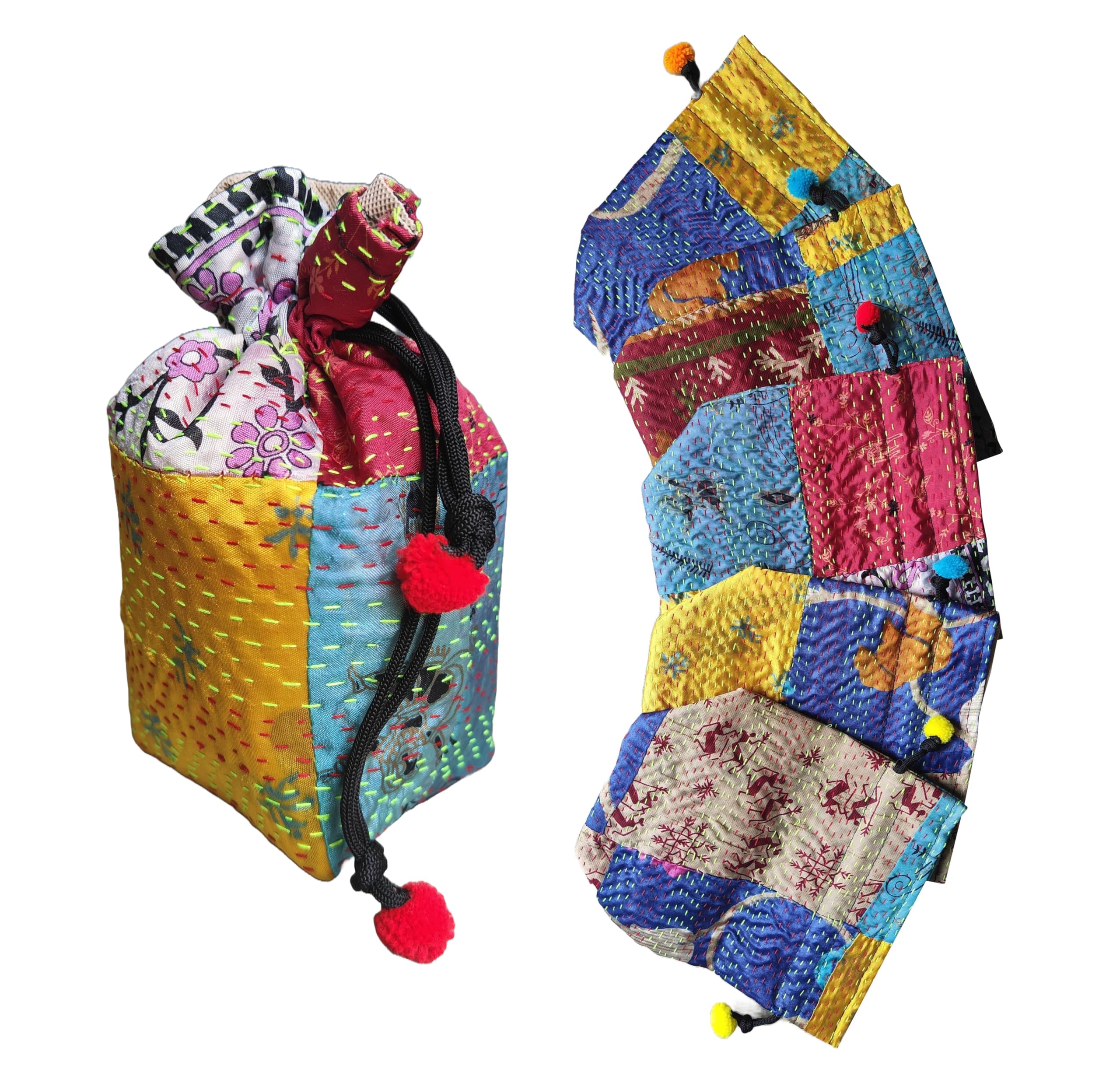Silk Drawstring Closure Gift Potli Bags Pouches - 20 X 10 cm; Set of 5 (Multicolour)-image-11