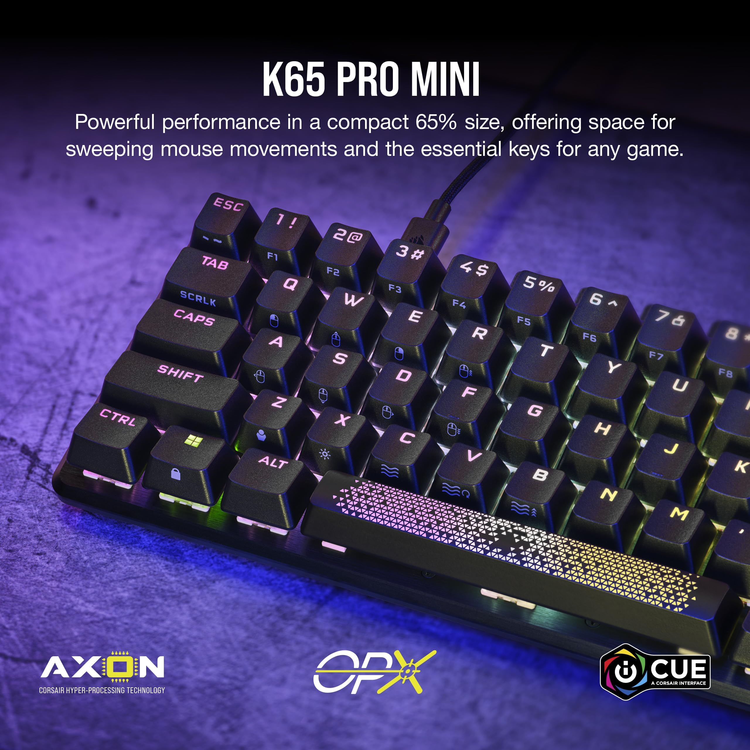 CORSAIR K65 PRO MINI RGB 65% tastiera da gioco ottica-meccanica cablata – OPX Linear Switch – PBT Double-Shot Keycaps – iCUE Compatible – PC, PS5, PS4, Xbox – QWERTY UK – Nero