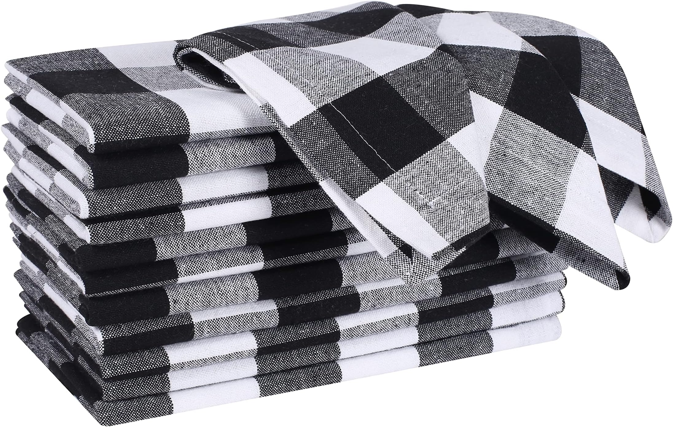 Gingham Buffalo Check Cloth Dinner Napkins Set of 12, 100% Cotton Checkered Wedding Dinner Napkins with Mitered Corners and Generous Hem - 18 x 18 Black/White