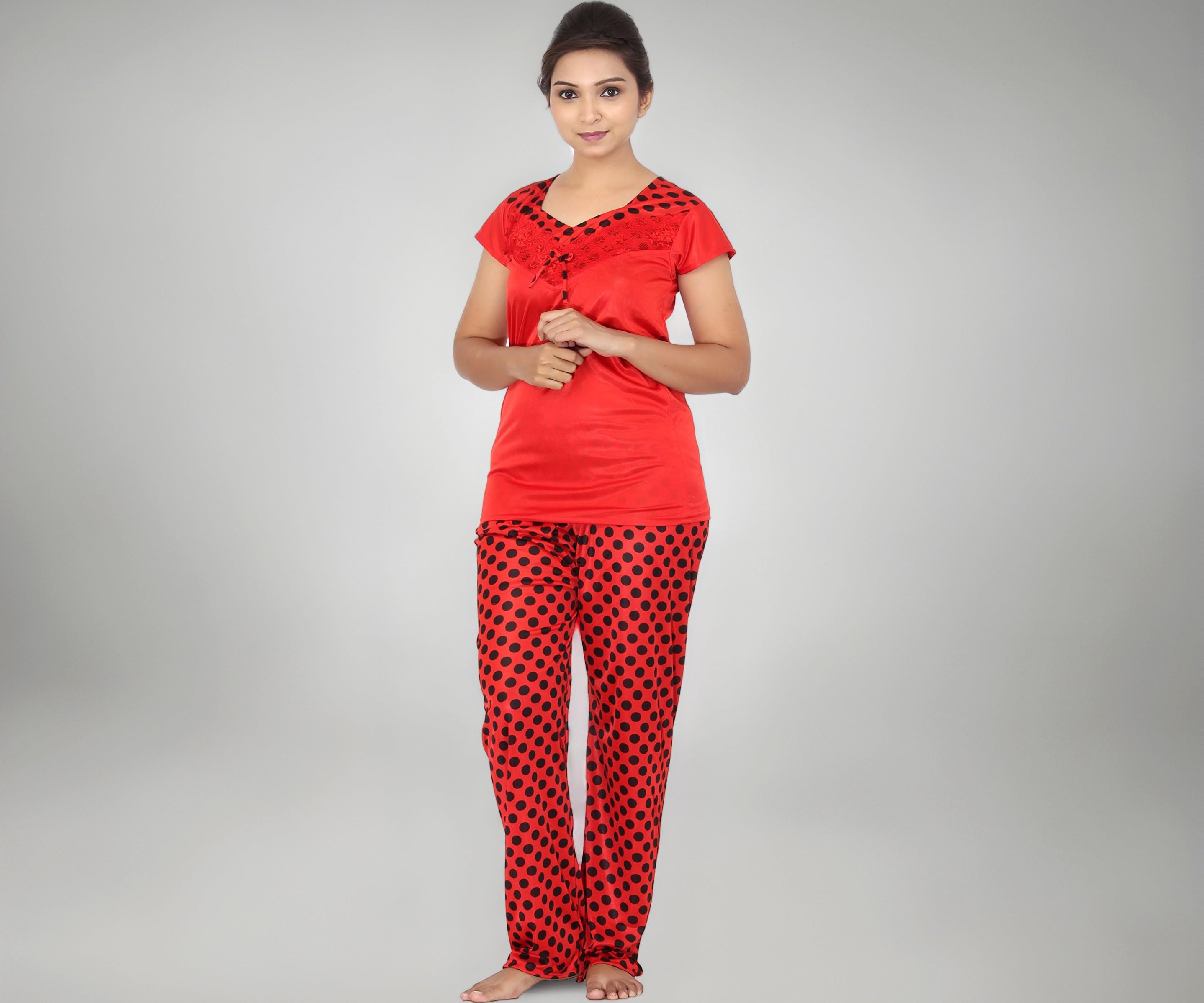 Fabme Women's Satin Polka Dots Top and Pyjama Pack of 1